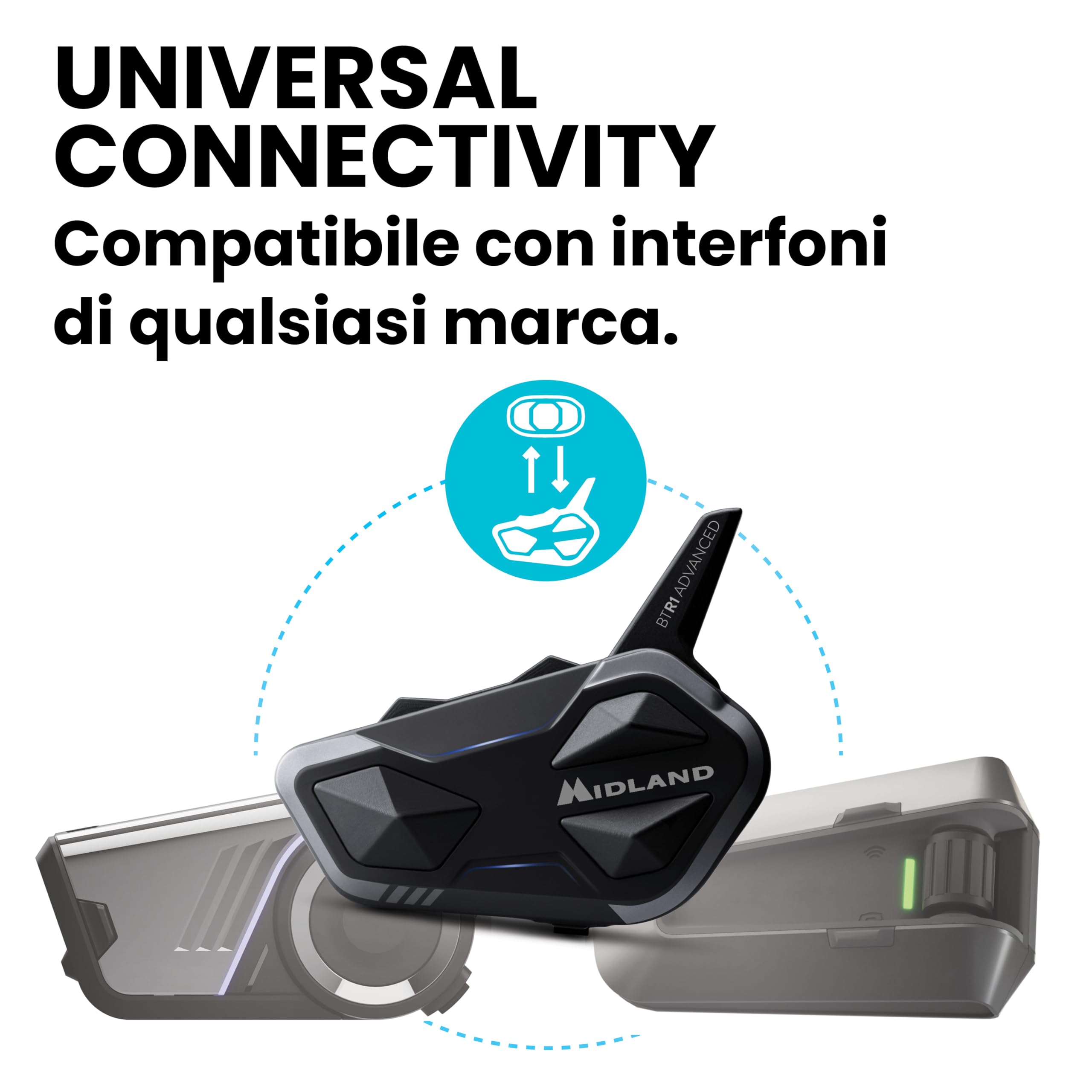 Midland - Interfono Moto Bluetooth BTR1 Advanced X, Auricolare Casco Moto, Portata 1200m, Conversazione tra 4 Persone, Connessione Universale Smartphone/GPS/Musica, Audio RFC Professionale