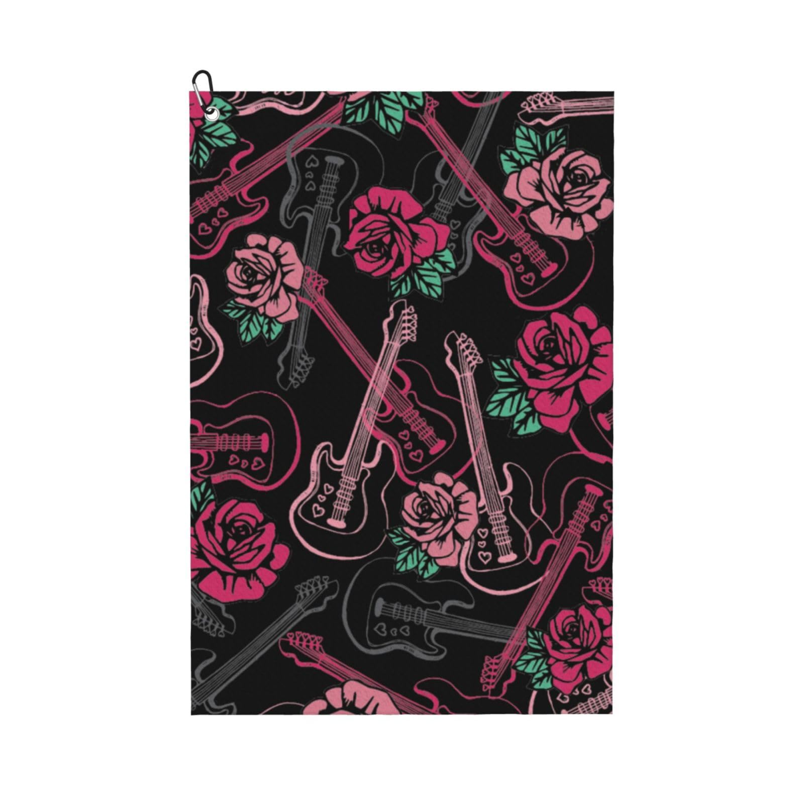 Hnnkloy Guitar And Rose, 16x24 in Portable Waffle Golf Towels with Carabiner Clip for Golf Bag