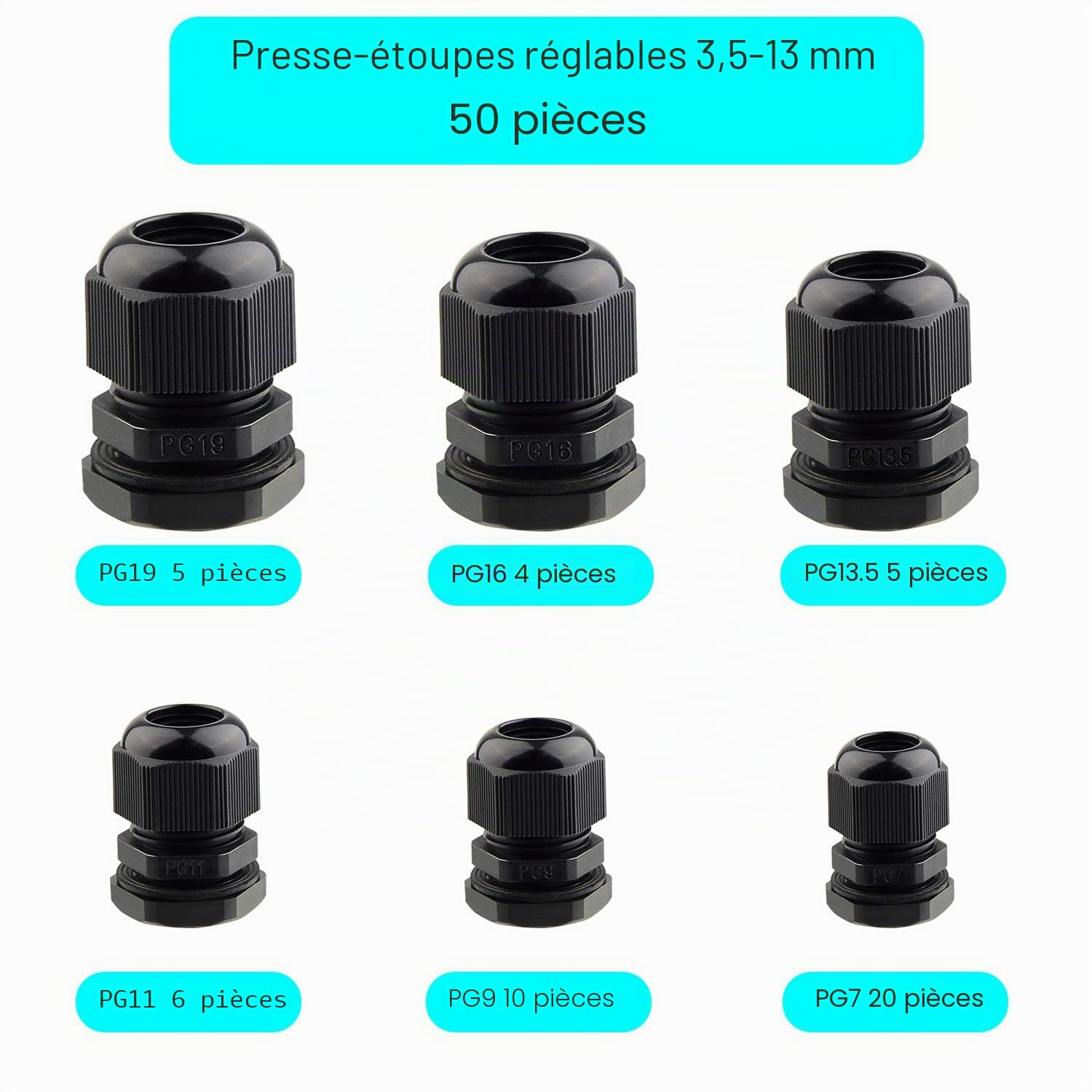 TUPARKA Lot de 50 Presse-étoupes étanches réglables 3–16 mm en Plastique avec Joints d'étanchéité dans Une boîte en polypropylène