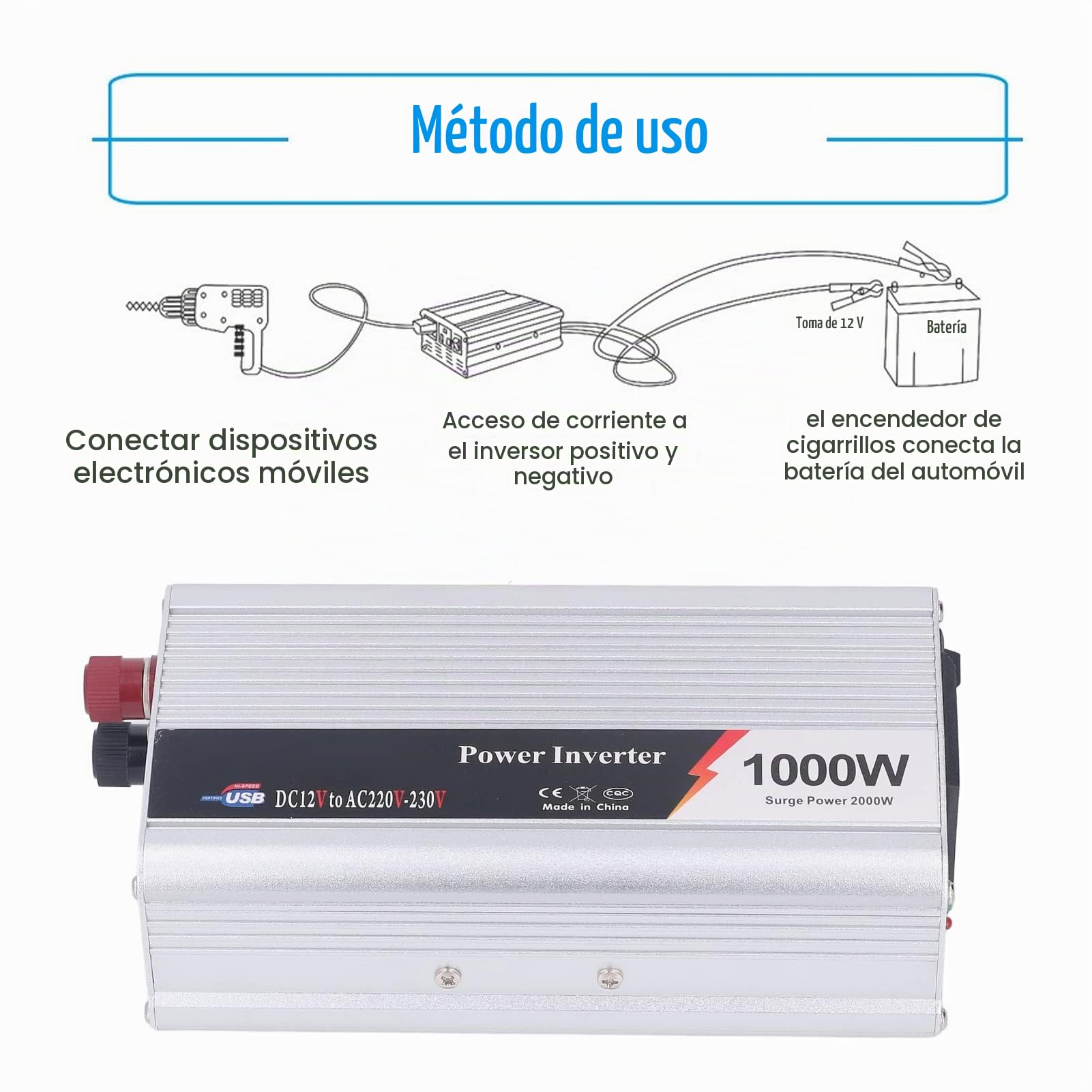 Inversor de Onda Sinusoidal Pura de 1000 W, Convertidor de 12 V CC a 220‑230 V CA para Vehículos Recreativos, Hogar, Vehículos, Barcos, Adaptador de Coche con Salidas de CA,