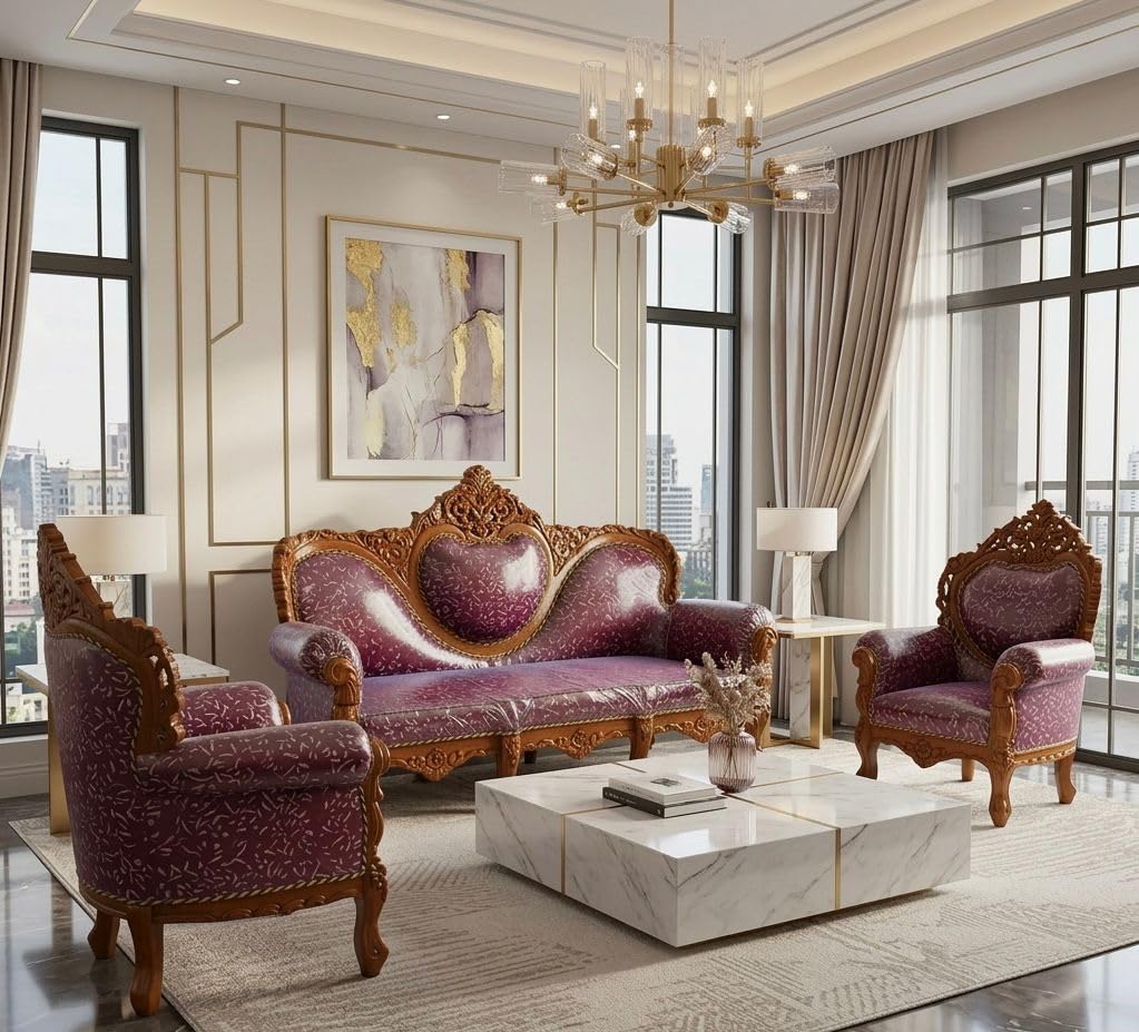 NAAZ HANDICRAFT Wooden Luxury Victorian Style Tufted Sofa, FloralUpholstery with Carved Frame, Cushions Luxury Sofa Set Royal for Living Room Antique Style Wooden (Pink)-image-37