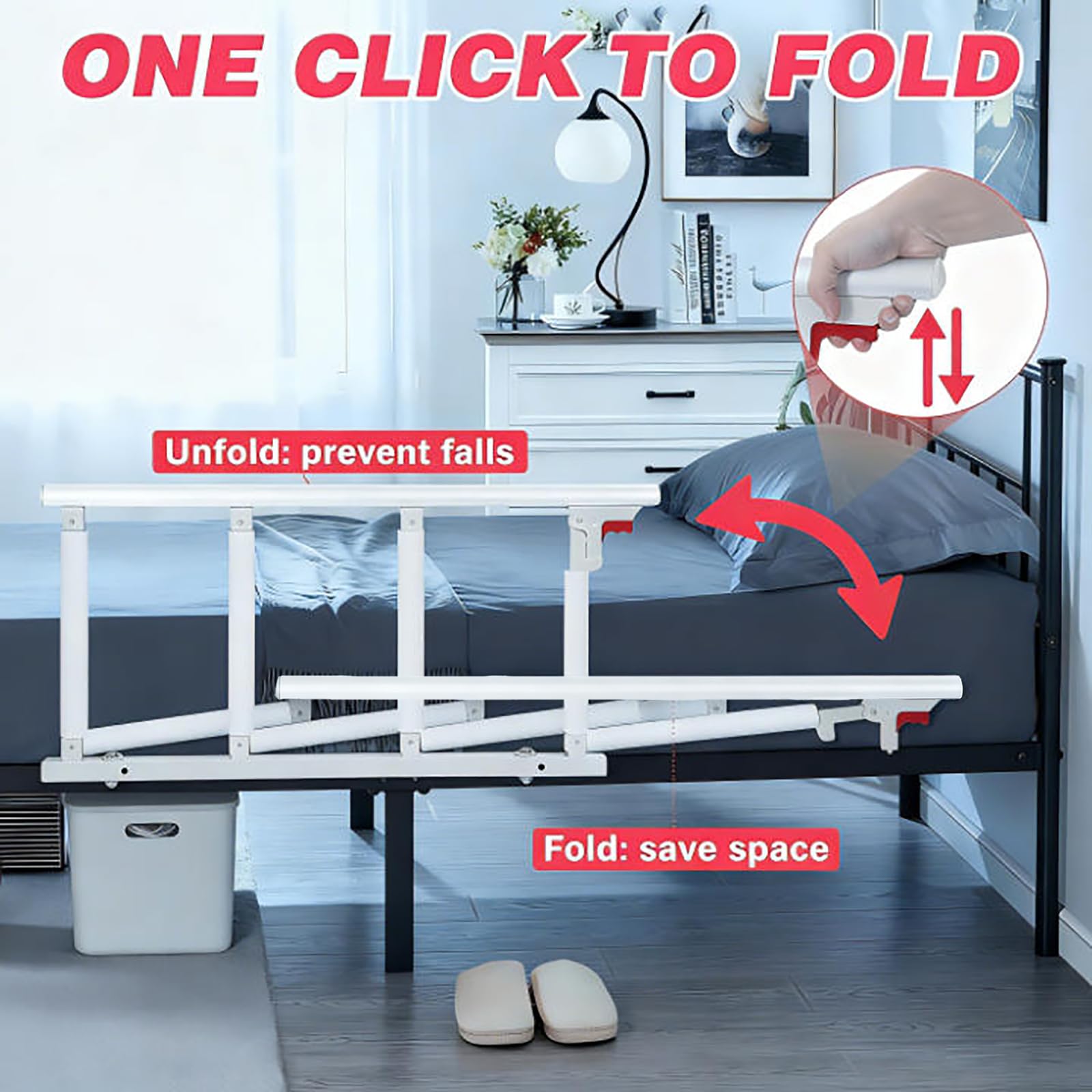 Barrière de Lit Adulte Pliable à 4 Niveaux Réglables en Alliage Aluminium, Barrière de Lit Anti-Chute pour Personnes Âgées, Appui de Chevet Sécurisé pour Maison et EHPAD