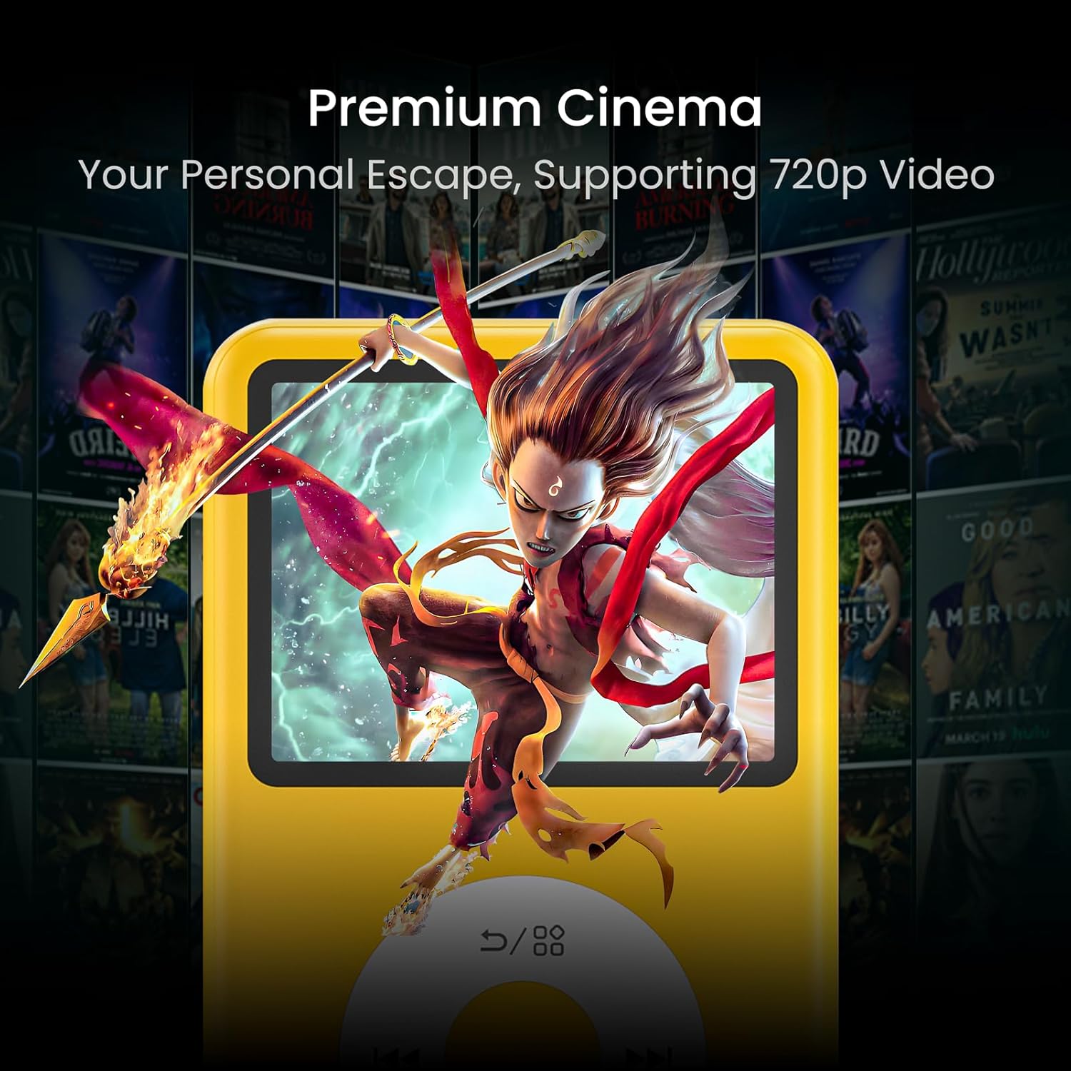 Innioasis Y1 MP3 Player displaying a vibrant video scene, with a background of movie posters.