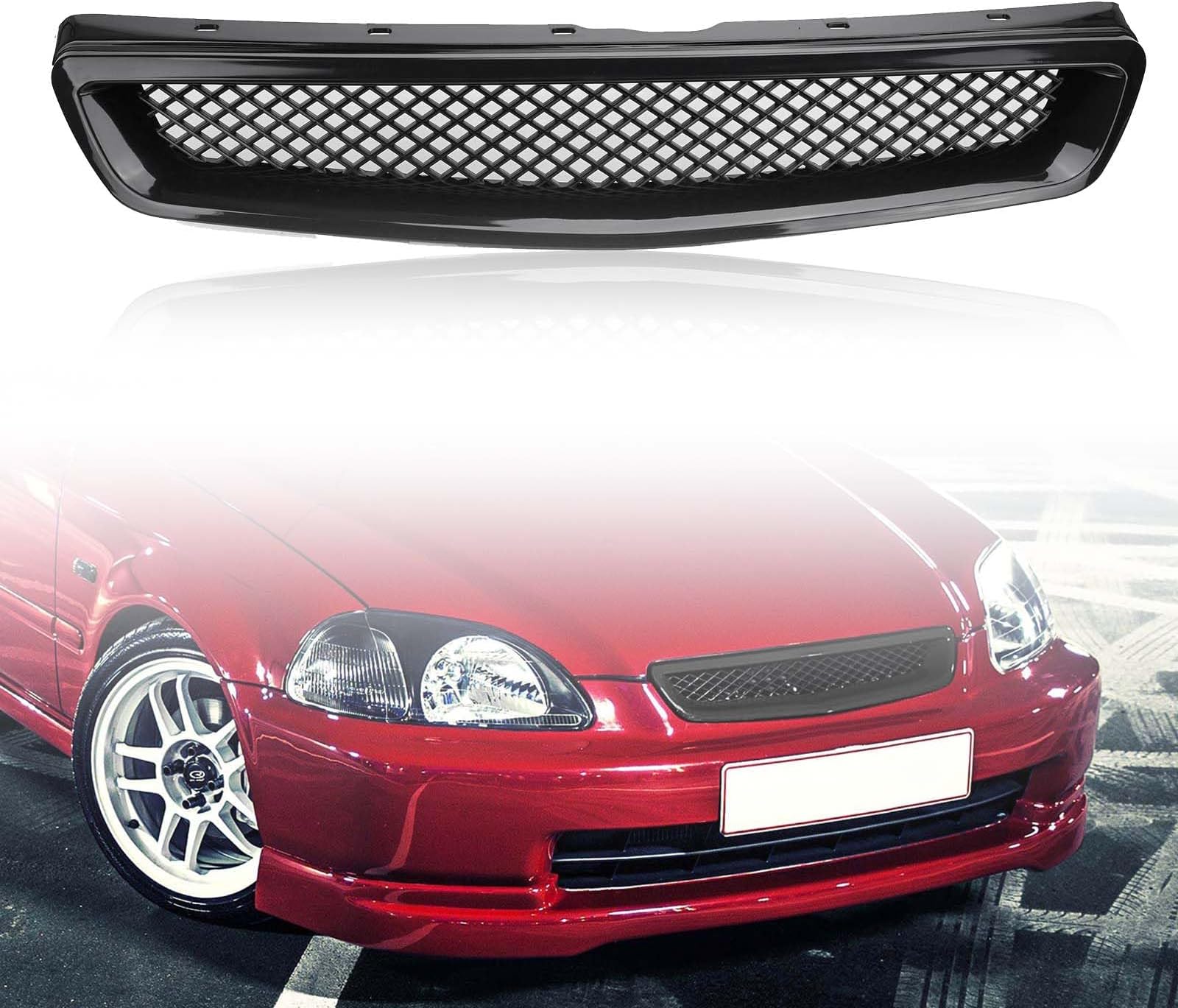 Front Bumper Grille Fit 1999-2000 for Civic Coupe/Sedan JDM Type R ABS Black Mesh Front Upper Grill Guard Replacement Part