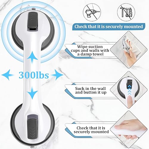 Miniatura 4 de Barras de agarre para regadera, paquete de 2 unidades de 12 pulgadas para baño con ventosa de sujeción fuerte, barra de equilibrio de seguridad para