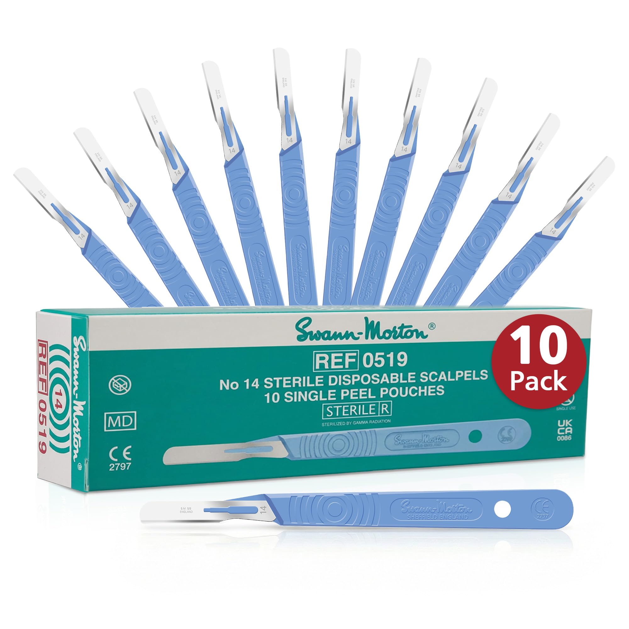 Swann Morton #14 Disposable Surgical Scalpel with Blade - Sterile Dermaplane Blade for Face, Dermaplaning for Women & Men, Beauty Tools for Estheticians - Individually Packed, Box of 10
