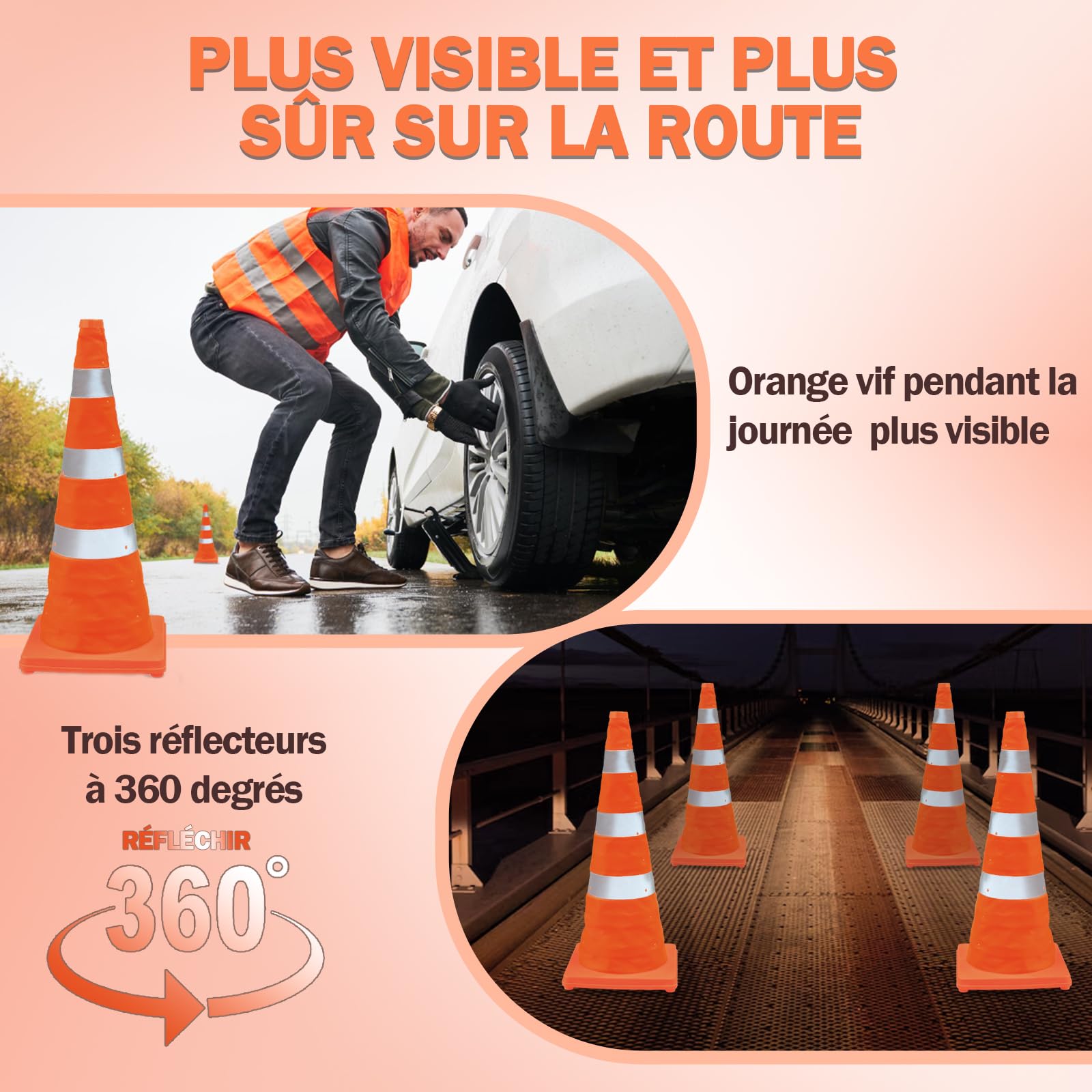 Valchoose 4 Cônes de Signalisation Pliables, 75 cm, Bandes Réfléchissantes | Plots de chantier et cônes de sécurité orange avec 3 bandes réfléchissantes – pour travaux, parking, route et urgence