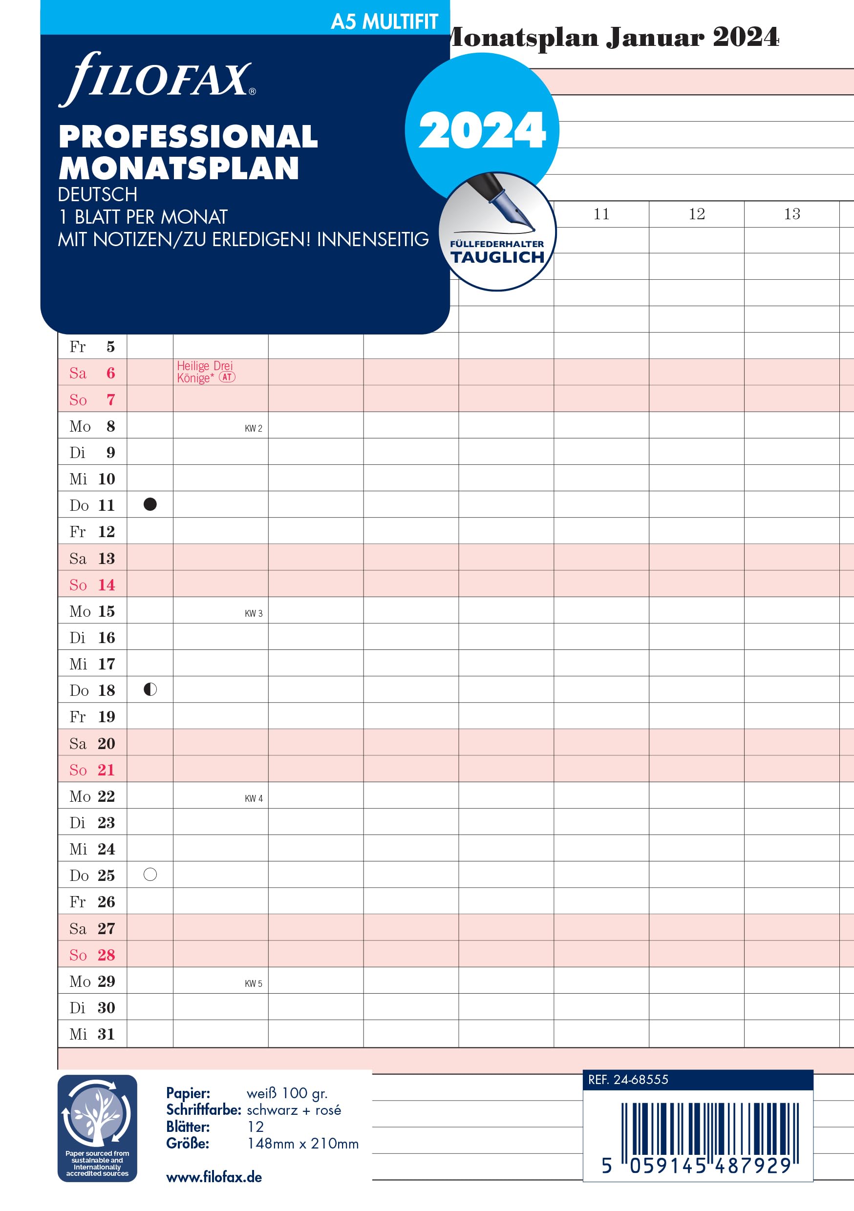 Filofax A5 Professional Monthly Plan (German) 2024