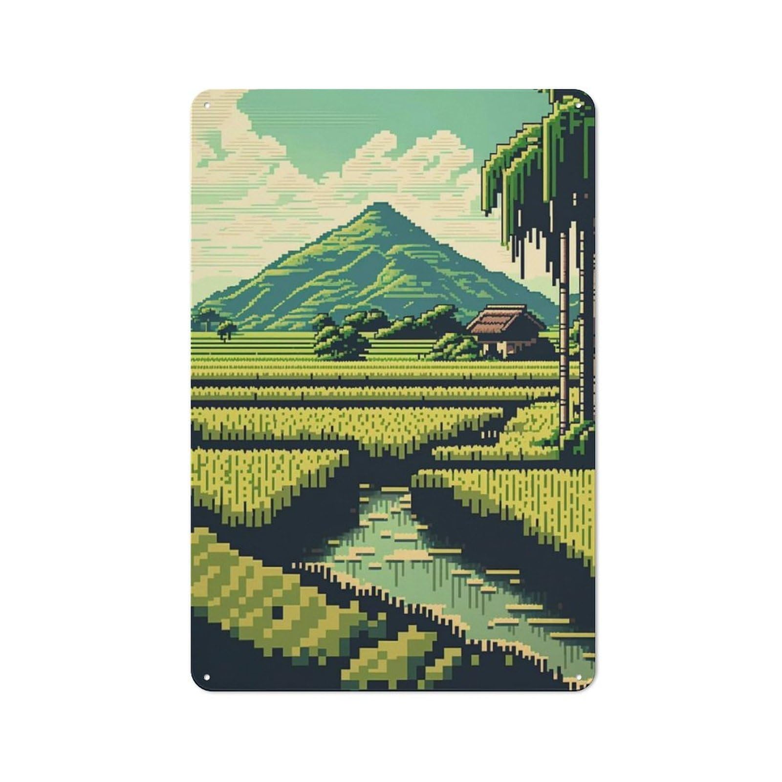 Junmoney Style-5 Tin Wall Plaque 30X20cm With Rice Fields Pixelated For Home Office Or Studio, For Garage, Workshop And Man Cave Decoration