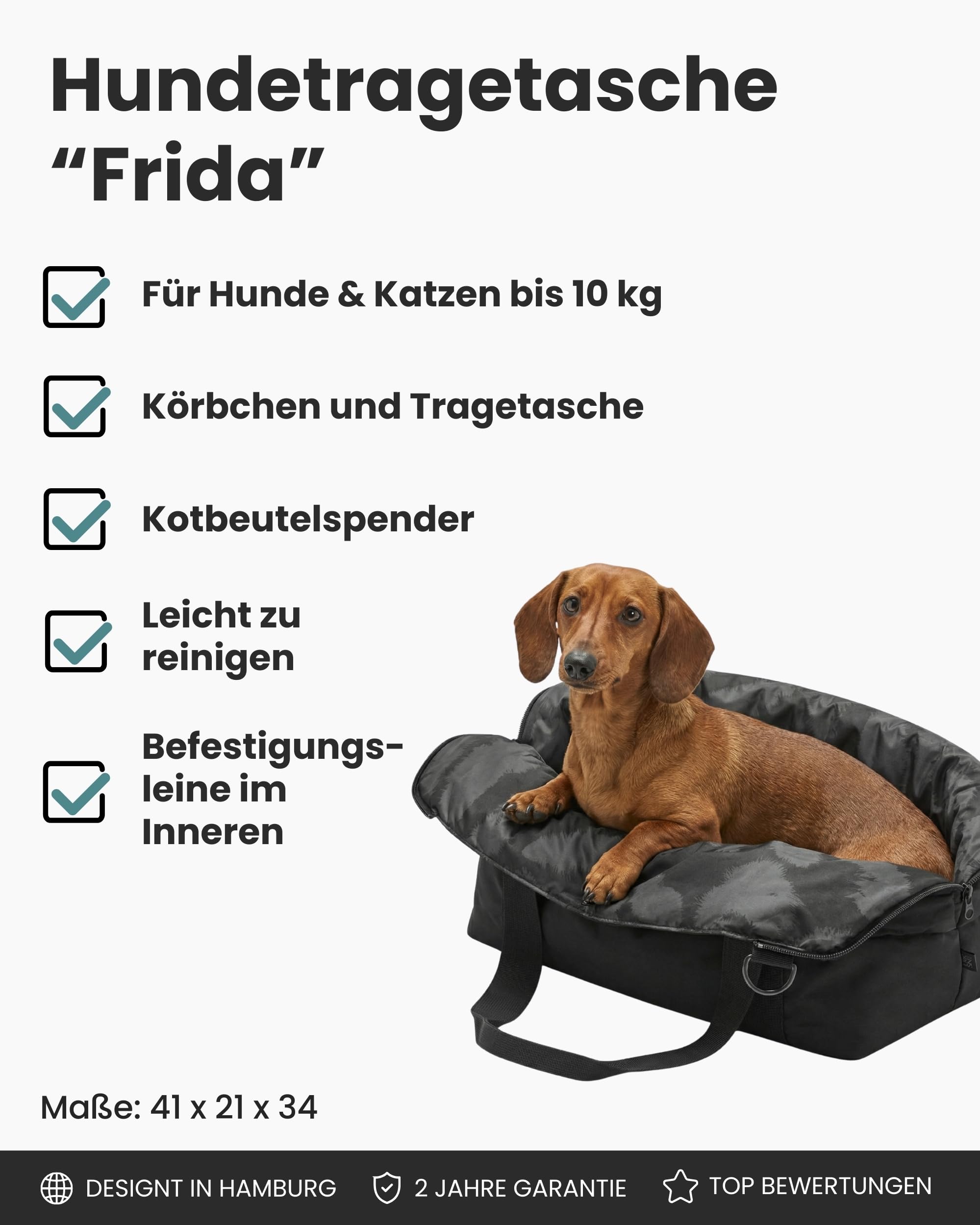 Larkson Hundetragetasche Schwarz - Frida - Aufklappbare Hundetasche für Kleine Hunde bis 10kg - Transporttasche für Hunde & Katzen - Unterwegs als Körbchen Nutzbar