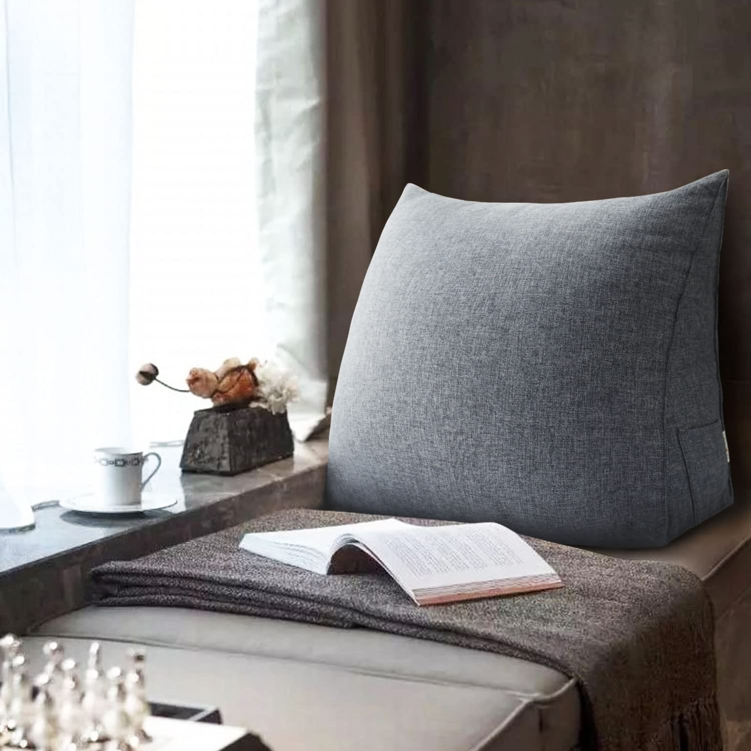 Johnear Keilkissen mit Seitentasche – Orthopädisches Rückenkissen für Bett & Sofa, Dreieckiges Lesekissen als Stützkissen für Lendenwirbel, Nacken & Bücher （Grau 2，45cm）