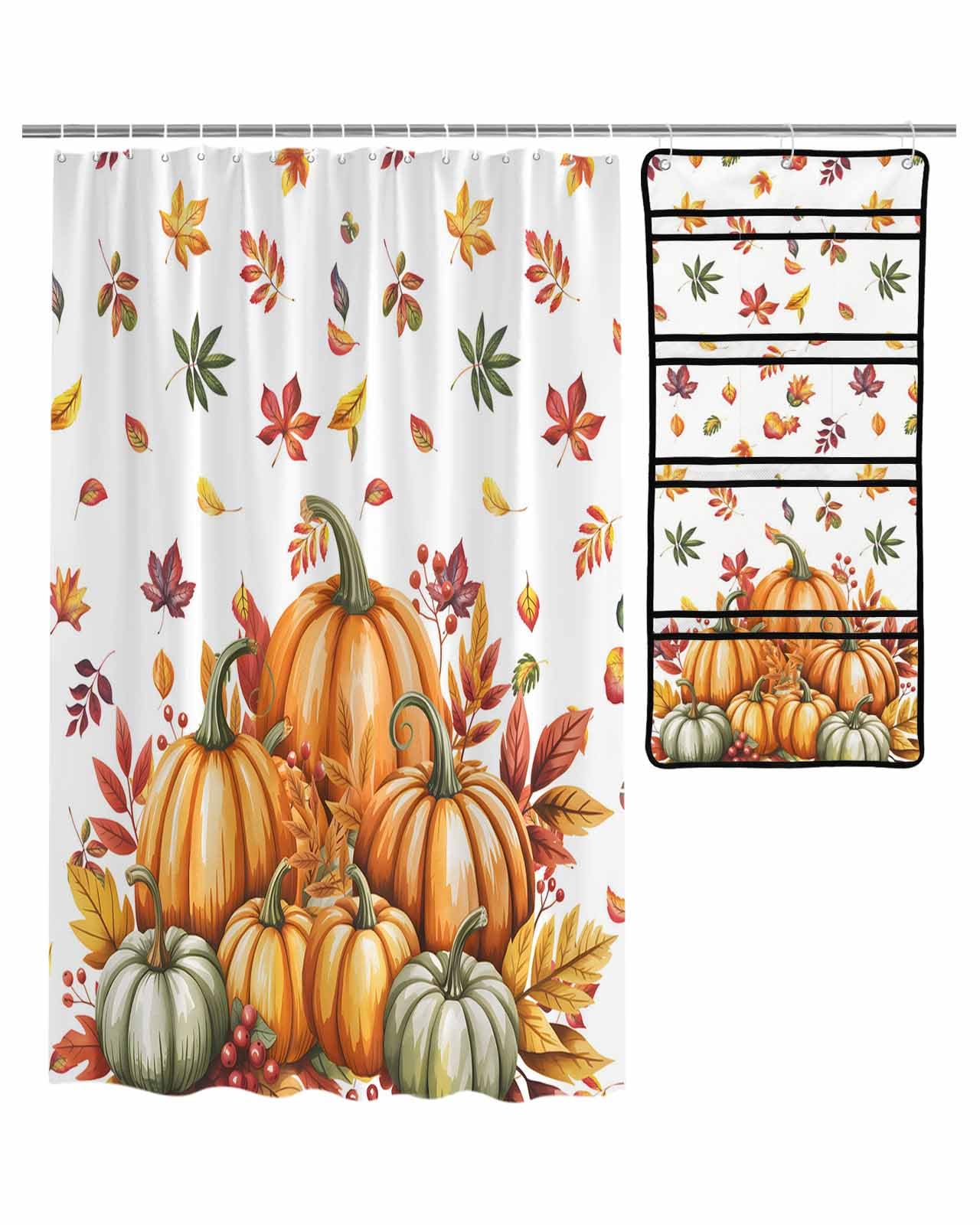 Shower Curtain Mesh Shower Organizer Hanging Set Fall Thanksgiving Pumpkin Watercolor Botanical Maple Leaves Waterproof Shower Curtains with