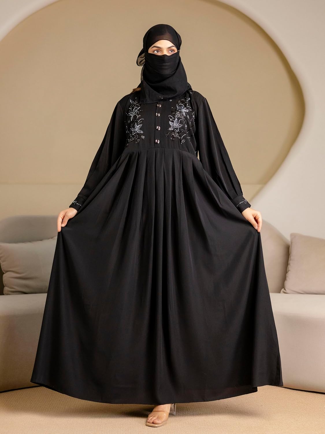 TRENDMALLS Women's Satin Black Abaya Burqa with Hijab Islamic Wear with Hand Work Embroidery Work Full Length Loose Fit Burqa