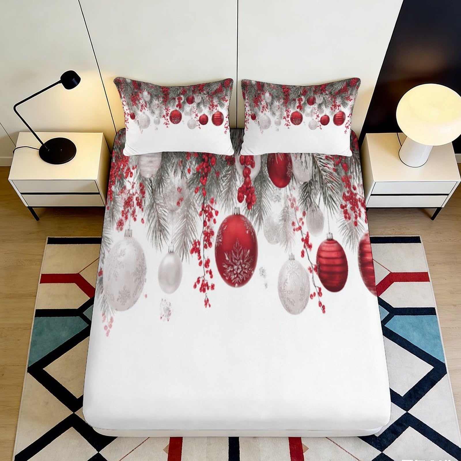 3D Printed Xmas Baubles Fitted Sheet Microfiber Soft Deep Pocket Bedroom Xmas Ornament Mattress Fitted Cover Non-Slip 140x200x25cm