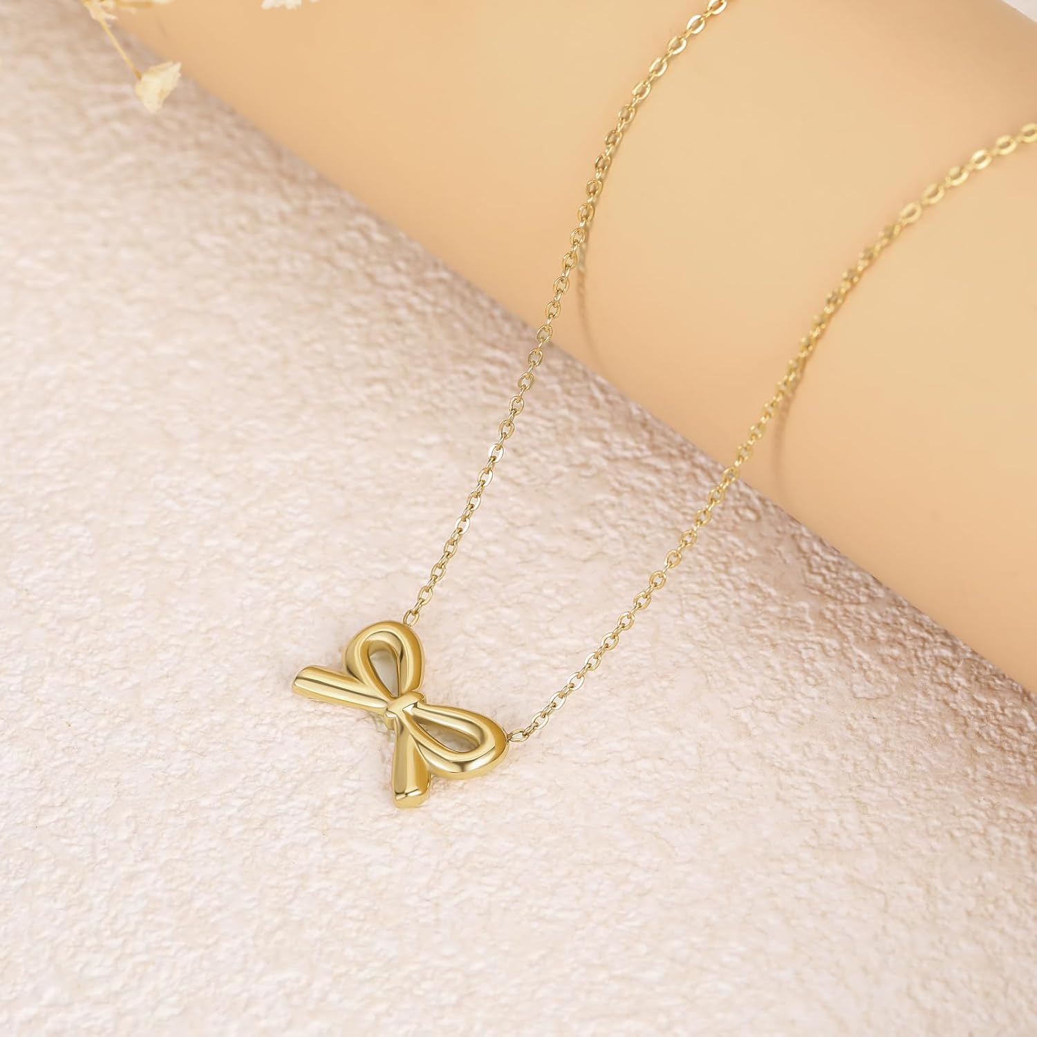 18k Gold Plated Necklaces for Women Dainty Minimalist Pendant Bow Necklace Gifts for Her 18 Inch Chain Comfortable Non Tarnish - Image 3