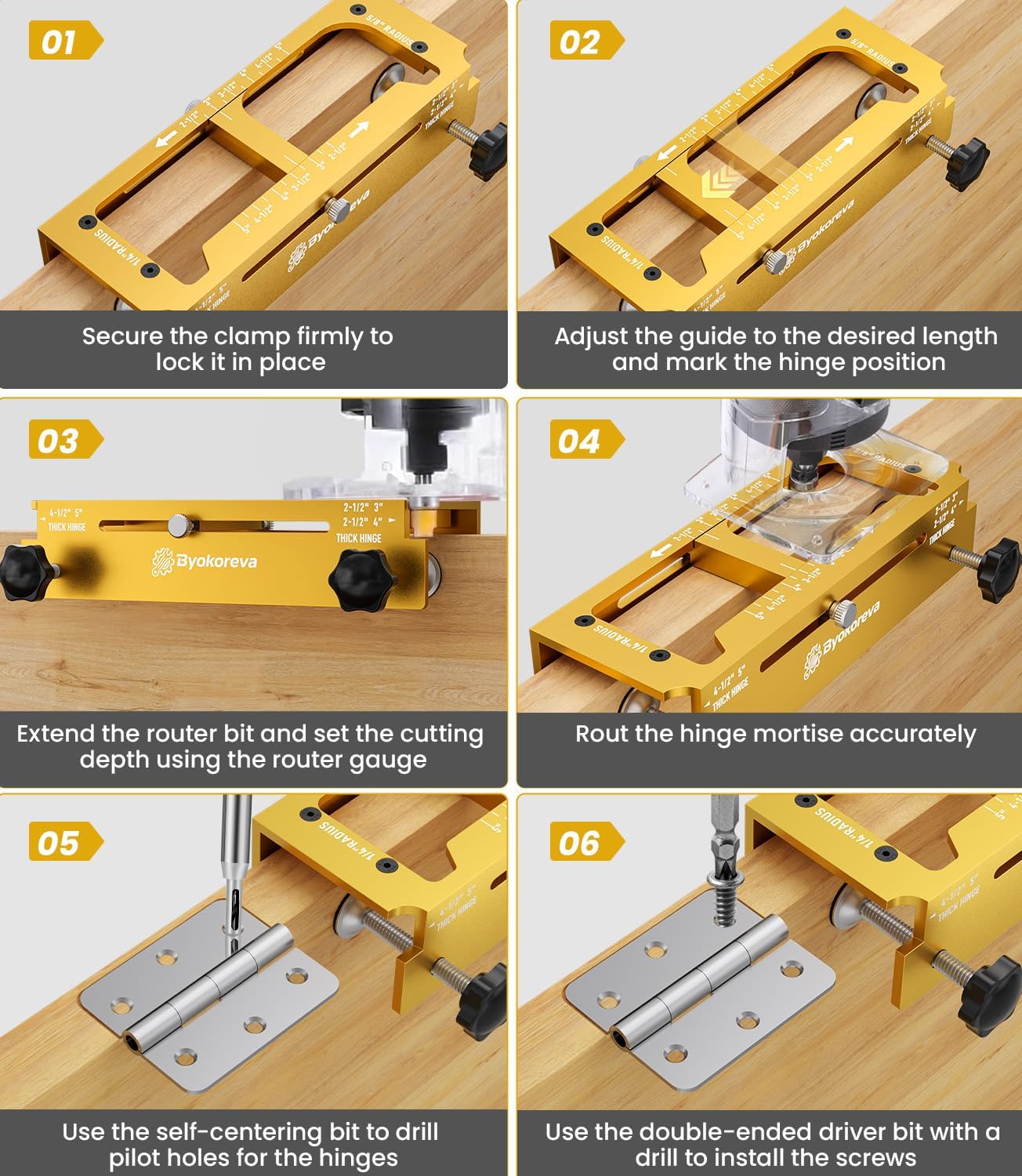 Door Hinge Jig & Door Lock Installation Kit, Aluminum Alloy Adjustable Mortise Template for Router, Fits 2.5"–5" Hinges with 1/4" or 5/8" Radius and Square Corners, for 1-3/8" and 1-3/4" Thick Doors
