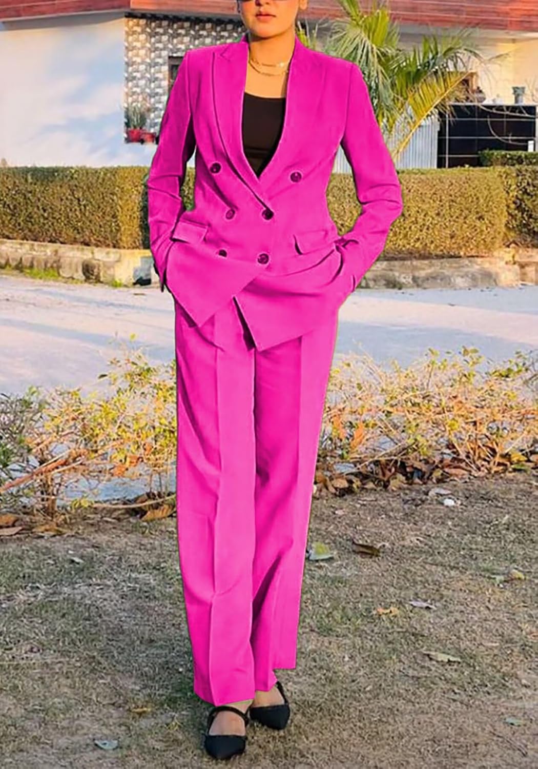 HuiSiFang Women's Business Casual Suits 2 Piece Dressy Blazer and Loose Straight Leg Pants Set - Image 5