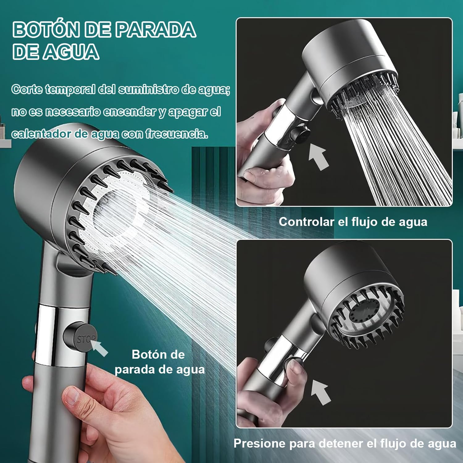 Alcachofa de Ducha con Filtros, Alcachofa Ducha Alta Presión con Manguera 1.5M y Soporte, Cabezal Ducha con Filtro de 4 Modos y Botón de Parada Instantánea, para Eliminar el Cloro, Gris