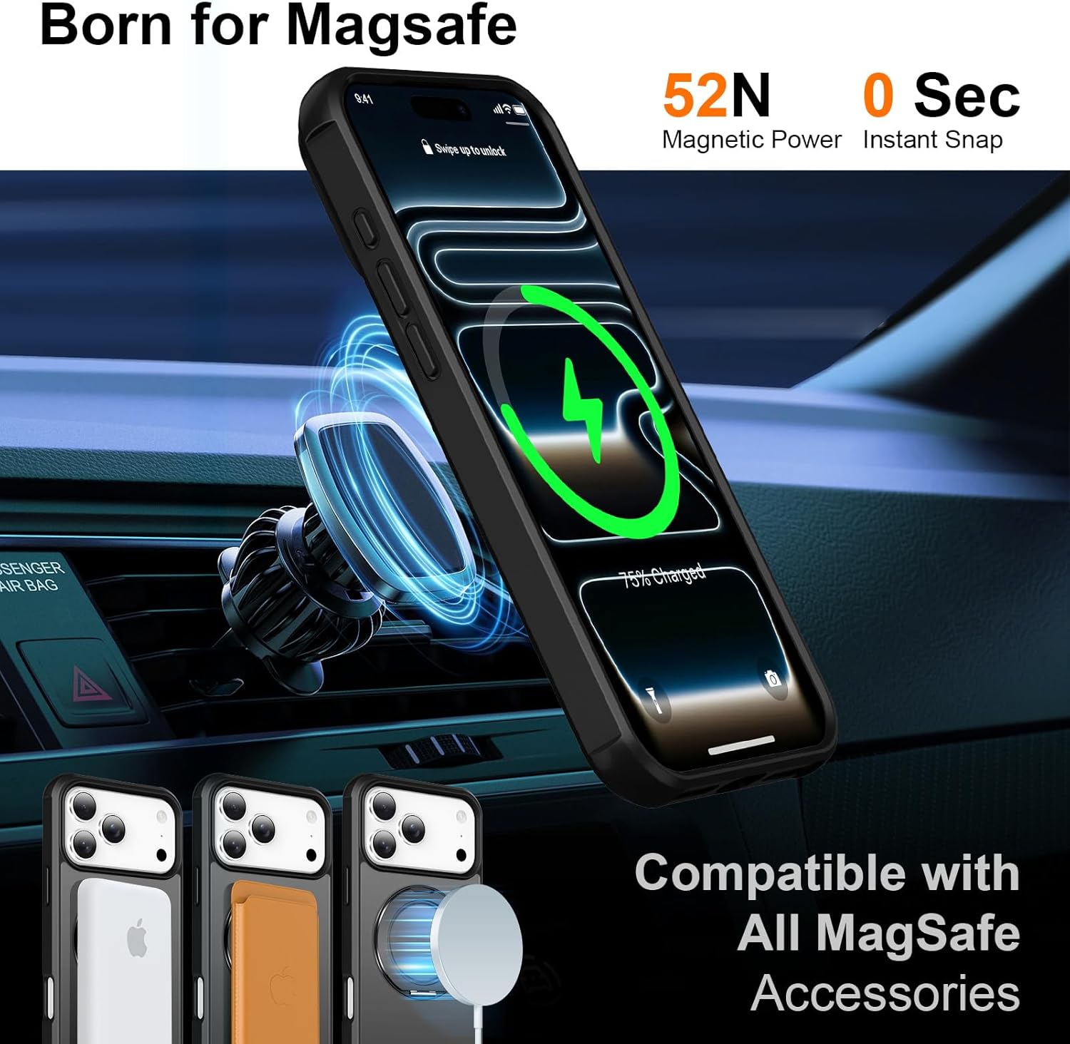 UMIONE 360° Rotatable Magnetic Ring Design for iPhone 17 Pro, Built-in Invisible Loop Stand, Compatible with Magsafe, Translucent Ultra Slim Military Grade Shockproof Case - Black