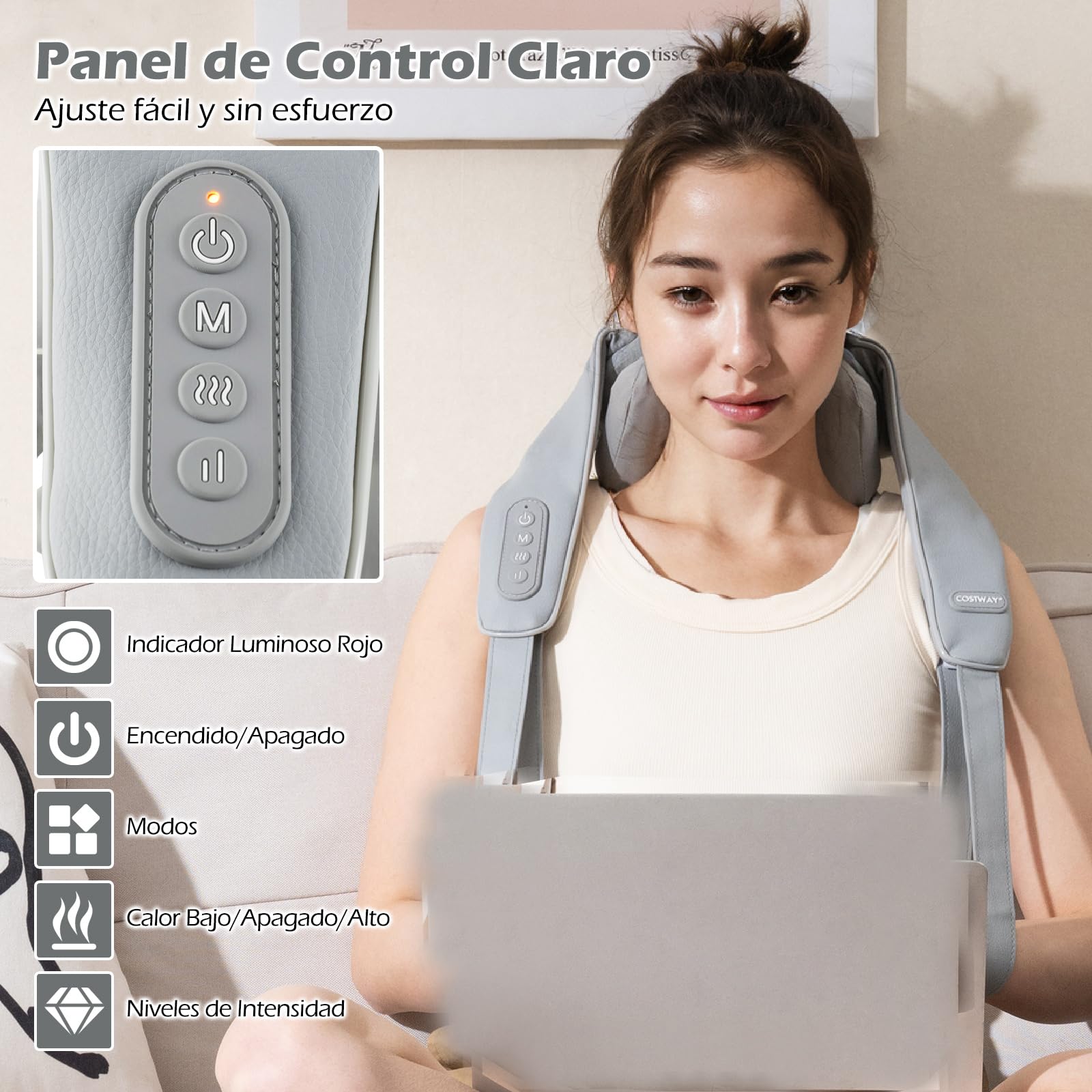 COSTWAY Masajeador de Cuello y Hombros, Masajeador Cervical con 2 Niveles de Calor, Máquina de Masaje Shiatsu de Amasamiento de Tejido Profundo con Almohada Masajeadora (Gris)