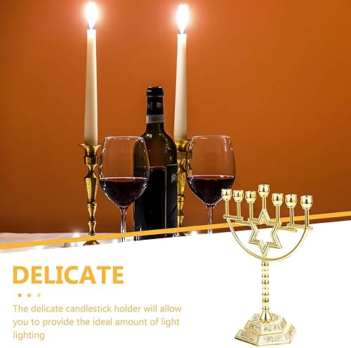 Miniatura 9 de IMIKEYA Portavelas Menorah de 7 ramas, portavelas de menorá de oro judío con estrella de David Menorah Candelabro Hanukkah Candelabro Jewish Israel