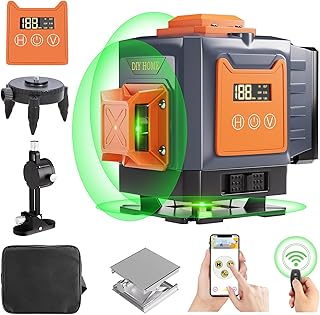 3D Laser Level, 3x360°Green Beam Line Laser 12 Lines Cross Self Leveling Laser, 360 Laser Lines with LCD Screen and Remote Control for Construction and Picture Hanging