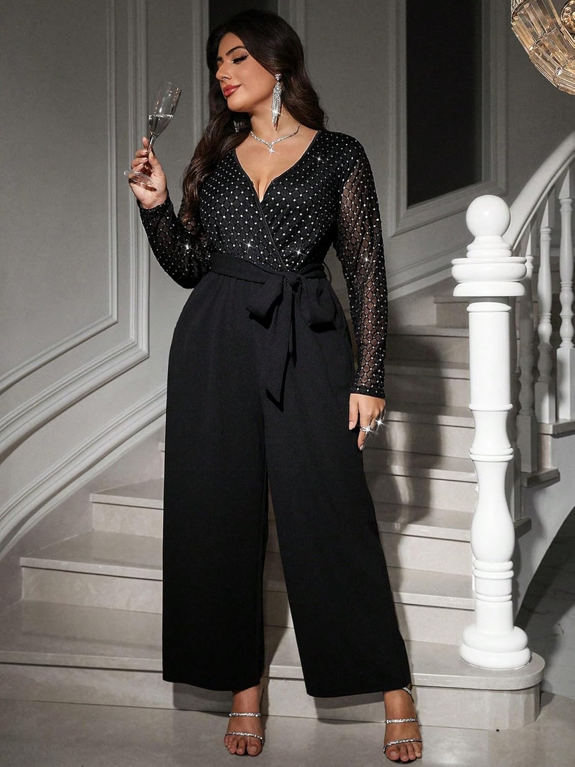 RED DOT BOUTIQUE 710 - Plus Size Long Sleeves Sequin Top Solid Wide Legs Long Jumpsuit With Pockets - Image 3