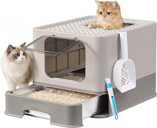 Feandrea Katzenklo Edelstahl, Katzentoilette, mit Deckel, ausziehbares Tablett, Schaufel, Bürste, für Katzen bis 15 kg, haferflockenfarben-warmgrau PPT004G101