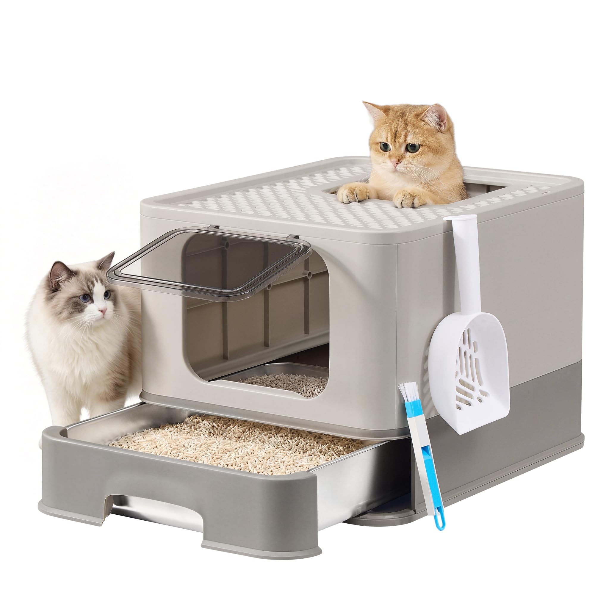 Feandrea Stainless Steel Cat Litter Box with Removable Tray, Shovel, Brush, 2 Entrances, for Cats up to 15 kg, Light Grey and Dark Grey PPT004G101