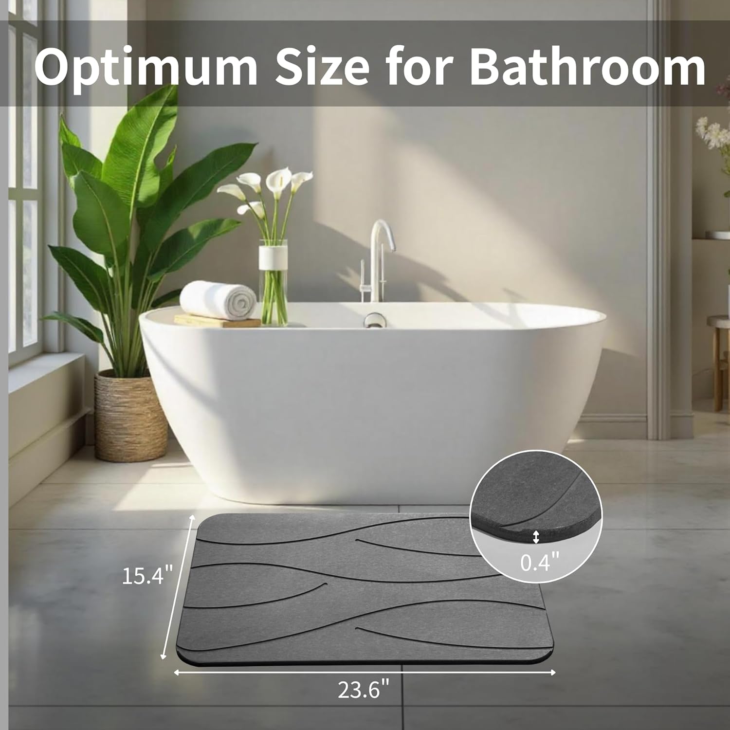 GRUZAM Stone Bath Mat Diatomaceous Earth Shower Mat Non-Slip Super Absorbent Diatomite Stone Bath Mats for Bathroom Floor Quick Drying Natural Easy to Clean(Dark Gray, 23.6''×15.4") (Wave-Dark Gray) - Image 2