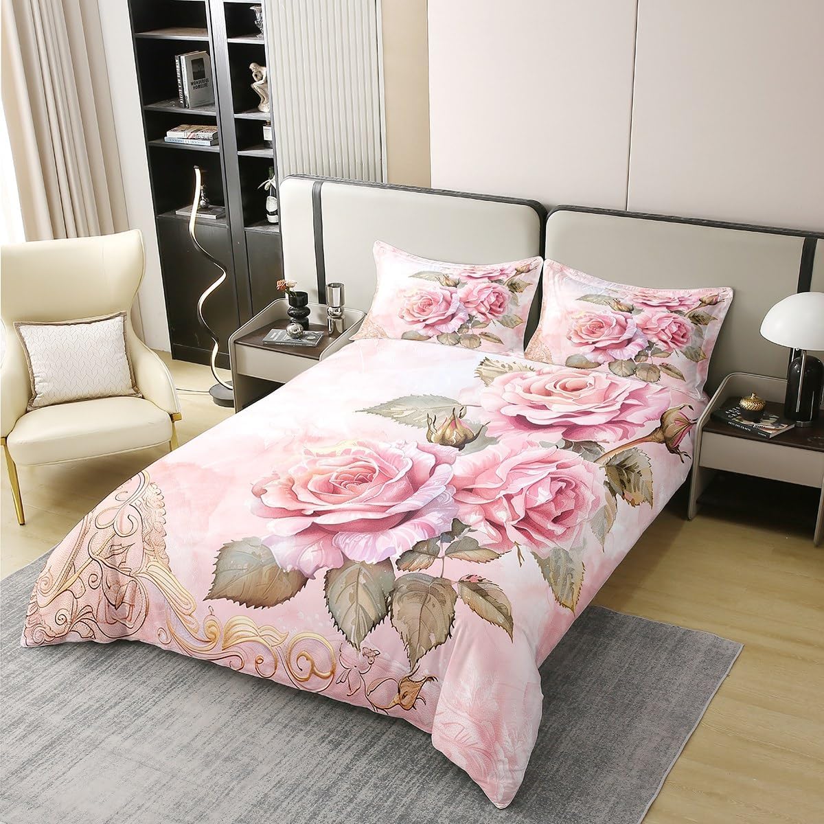 Erosebridal Pink Flower 100% Cotton Duvet Cover King Romantic Blooming Rose Bedding Set for Kids Girls Teen Adults Vintage Sweet Floral Comforter Cover Retro Country Garden Plants Bed Set 3 Pcs