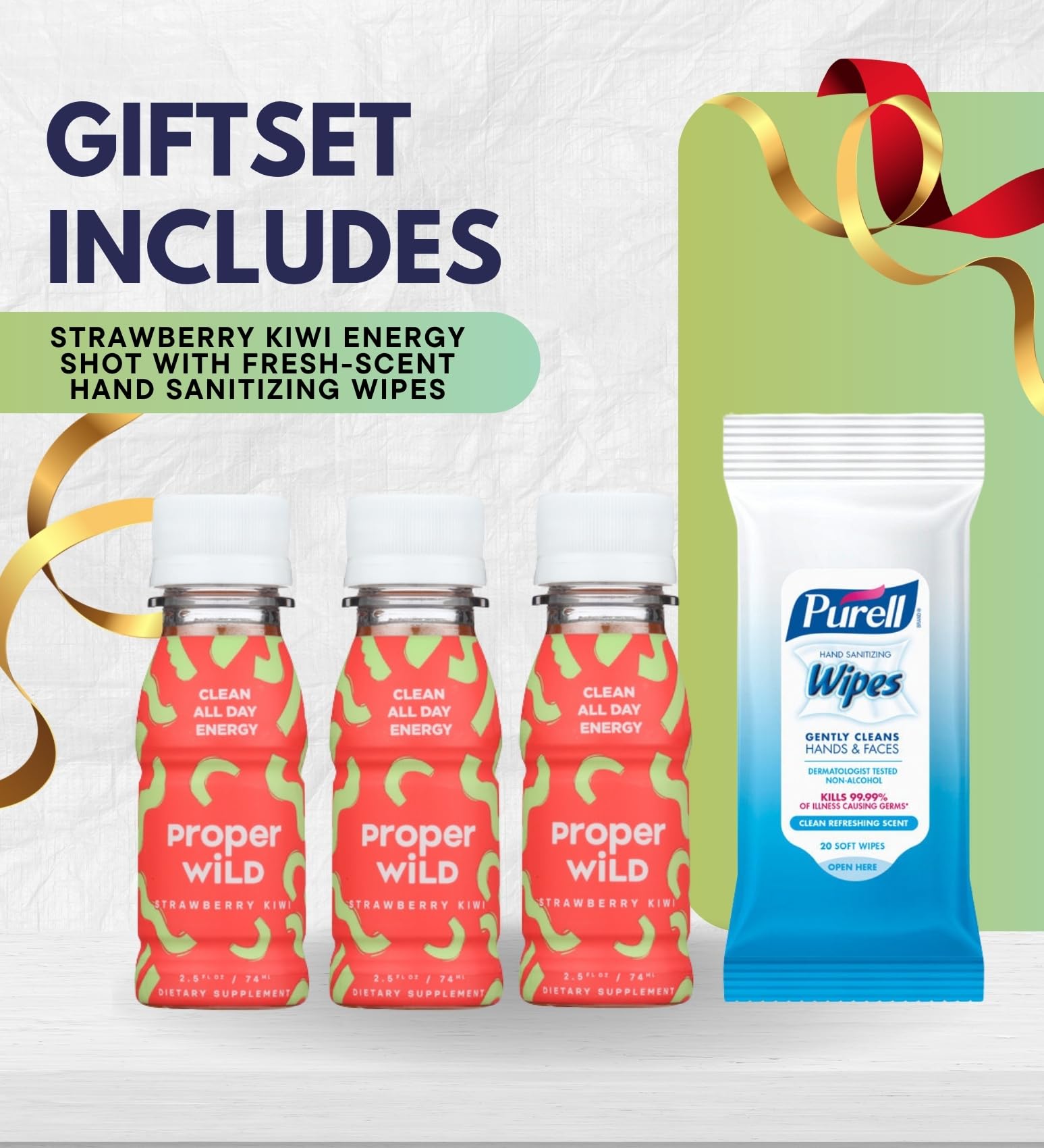 3x Proper Wild Shot Energy Strawberry Kiwi 2.5 FO Bundle with Hand Sanitizing Wipes – Clean Energy Shots with GreenTea Caffeine & L-Theanine for Focus and Endurance — Gift Set (4 Items)