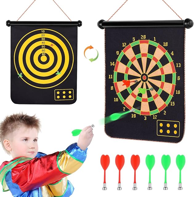 Terazis Powerful Double-Sided Magnet 15''Dart Board Set with 6 Pcs Darts - Garden Toys & Christmas Gifts