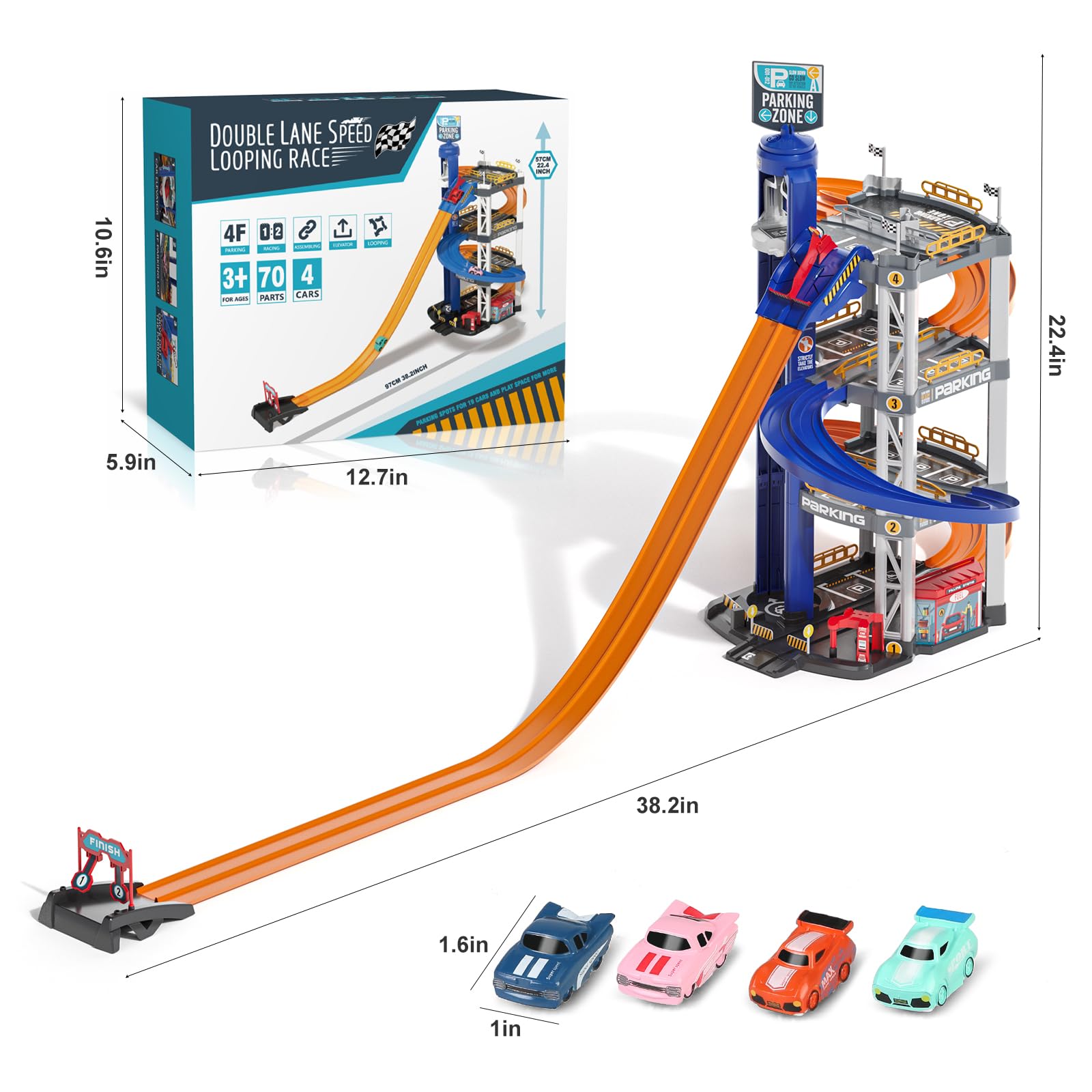 Yilingchild - Juguete de estacionamiento para niños, juego de juguetes de cochera de 4 niveles con 4