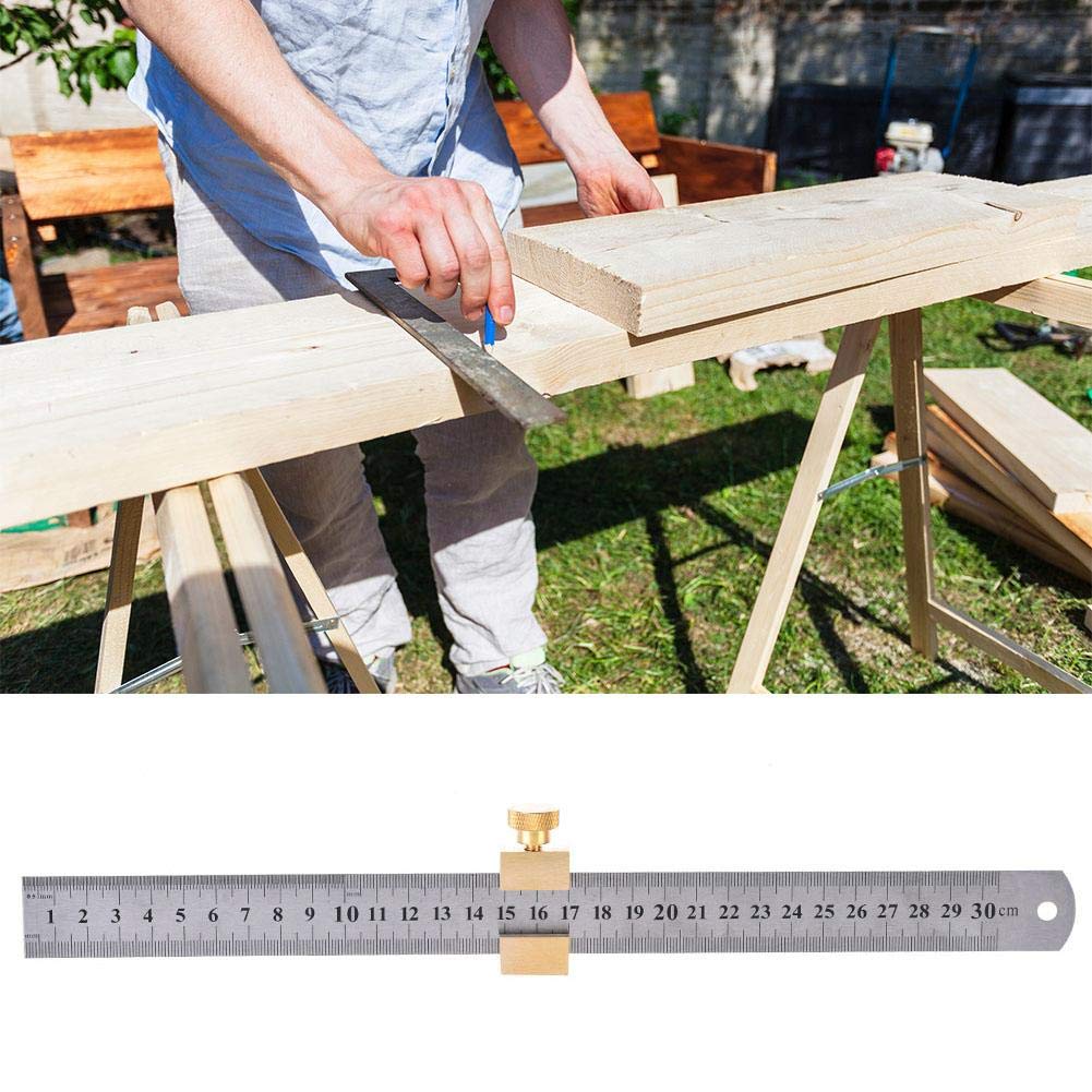 Règle En Acier Inoxydable 30 Cm Avec Bloc De Traçage - Double Graduation Cm/pouces, Pour Menuiserie Et Bricolage