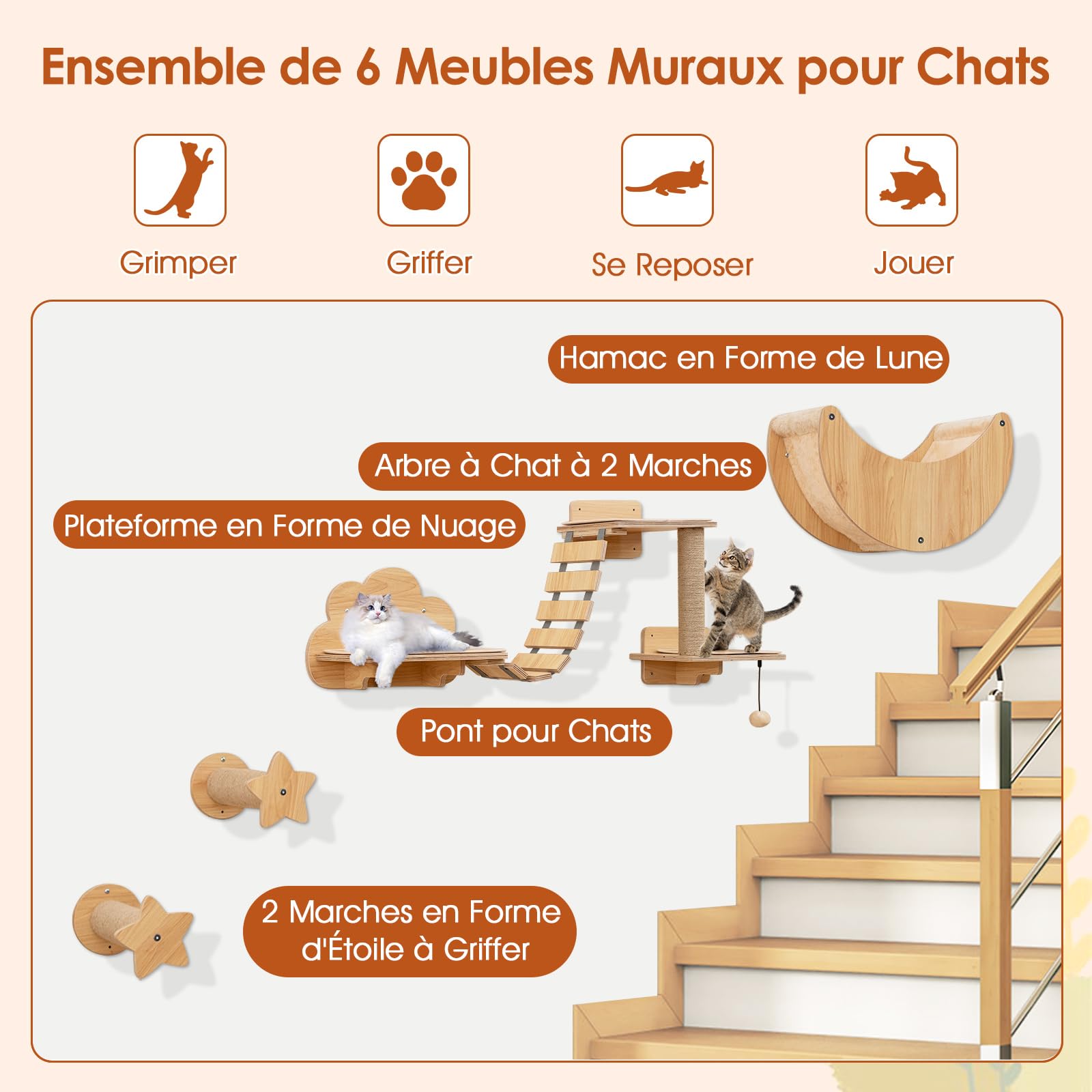 GOPLUS Parcours Mural Chat avec 4 Pièces en Bois Intérieur, Naturel
