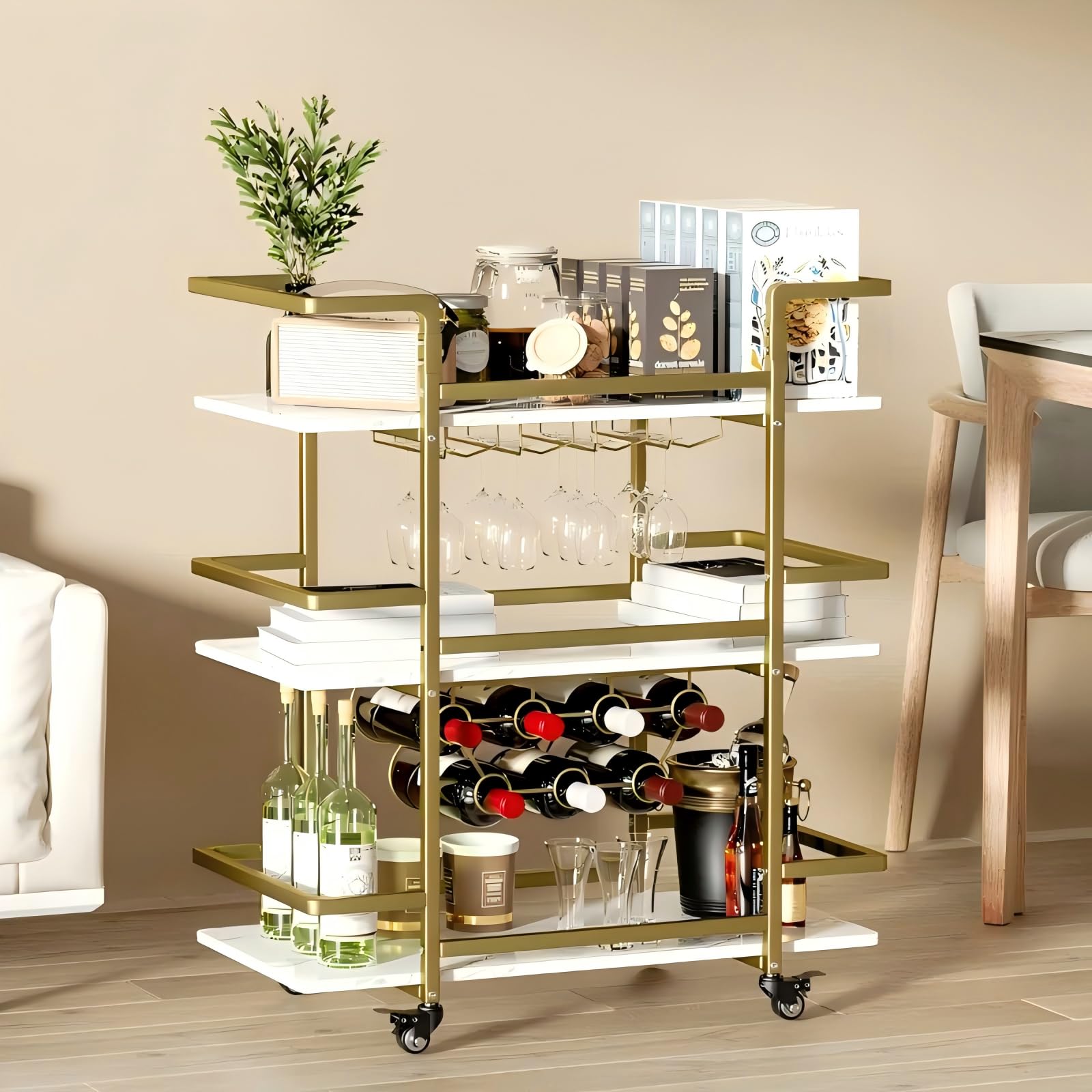 TUTOTAK Chariot de bar, chariot de service pour la maison, chariot de boisson, étagère de cuisine mobile avec casier à vin et porte-verre, chariot à boissons roulant, doré BC01BB031
