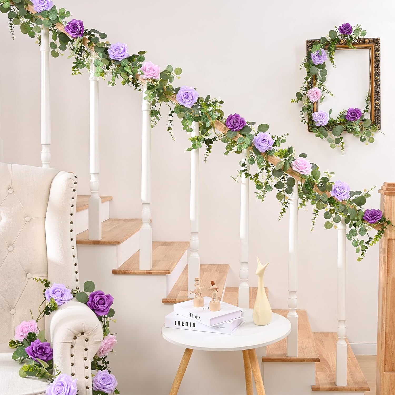 Livole 2Pcs 13 FT Artificial Flower Garlands Real Touch Fake Floral Silk Purple Rose Garland Hanging Vine for Wedding Table Centerpieces Party Arch Ceremony Garlands Backdrop Decor