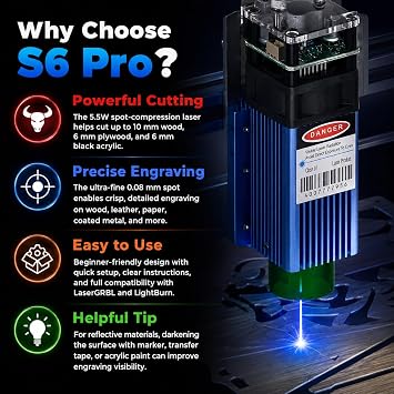 SCULPFUN S6 Pro Laser Engraver, 5500mW Output L-aser Cutter for Beginners, Laser Class 4, Logo Marking Machine, DIY Engraving Machine for Wood, Black Acrylic, Leather, Coated Ceramic...