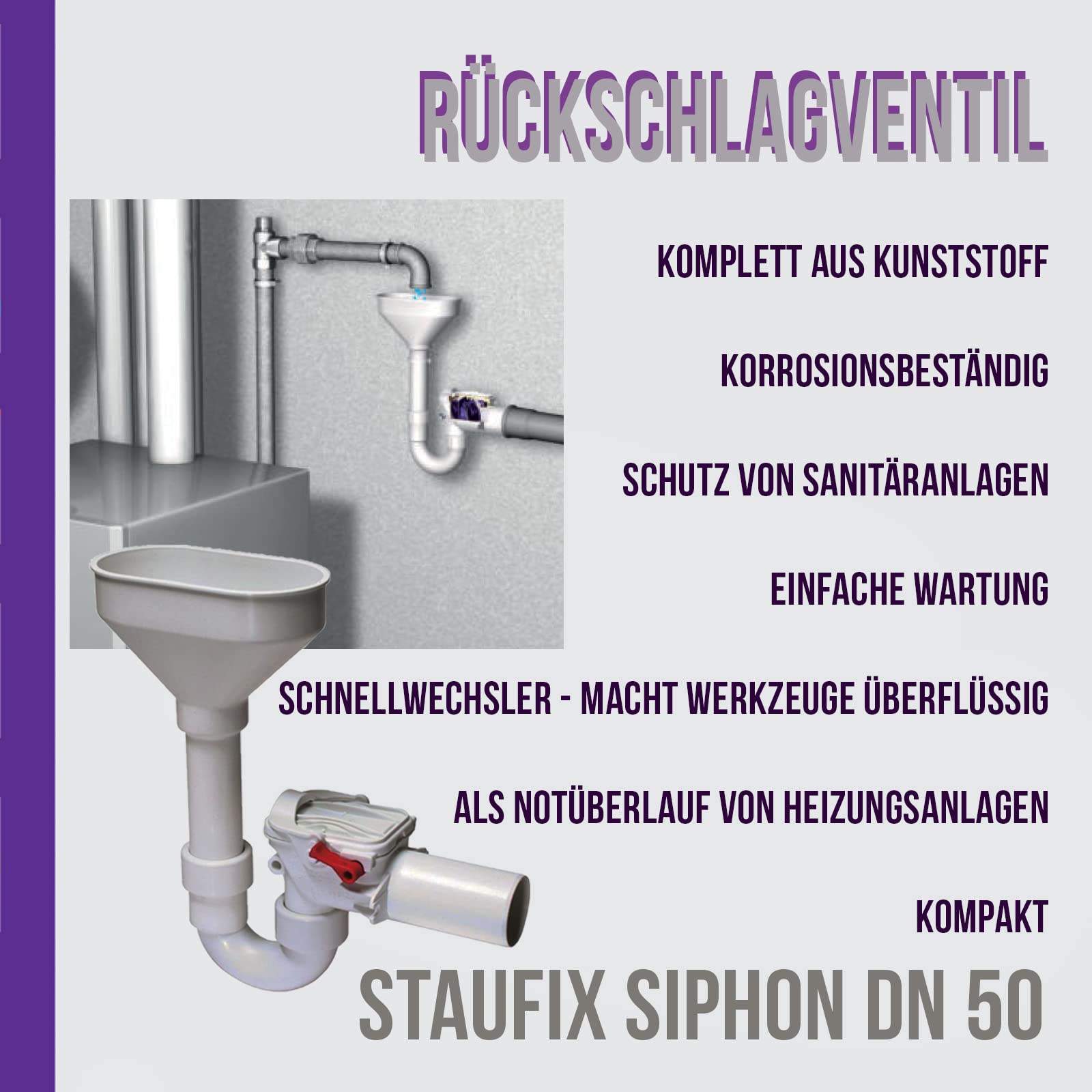 Kessel Staufix 73053 U-Geruchsverschluss mit Rückschlagklappe für Heizungsanlage Ø 50 mm