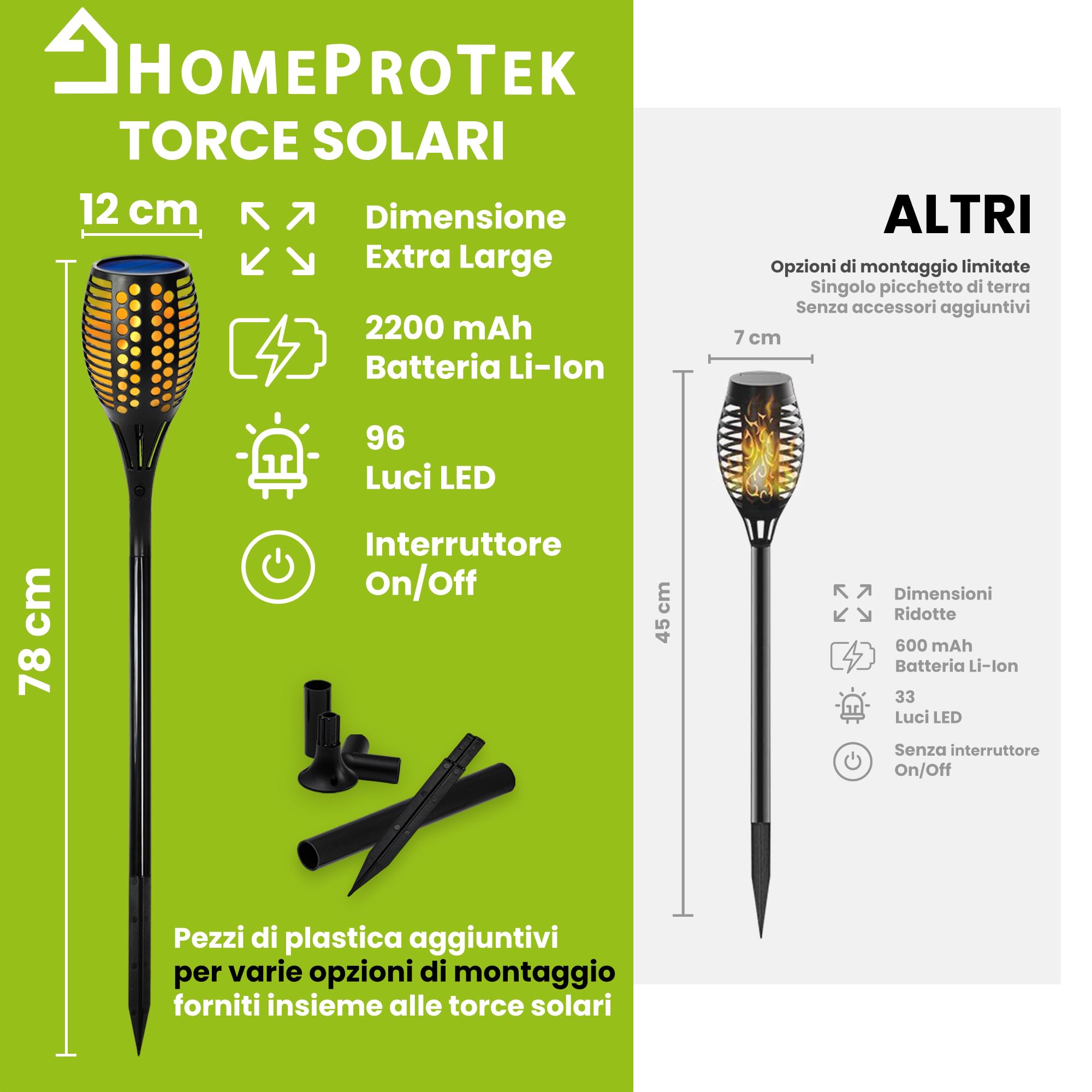 HOMEPROTEK Lampade Solari da Giardino - Set di 6, XXL, 96 Luci LED, Effetto Fiamma, 3 Modalità Torcia, Respiro e Sfarfallio, IP65, Accensione/Spegnimento Automatico, Cortile, Balcone, Rampa e Vialetto