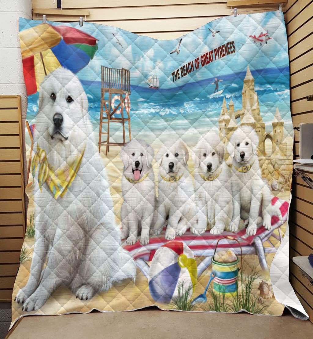 Pet Friendly Beach Great Pyrenee Dog Quilt Bed Coverlet Bedspread - Pets Comforter with Unique One-Side Animal Printing - Soft Lightweight Quilt - Washable 100% Polyester, 40"x50"