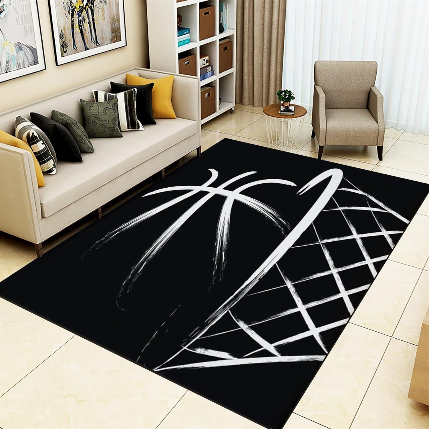 Tapis de salon basket-ball 3D 180x280 anti-glisse et facile à nettoyer pour grand canapé