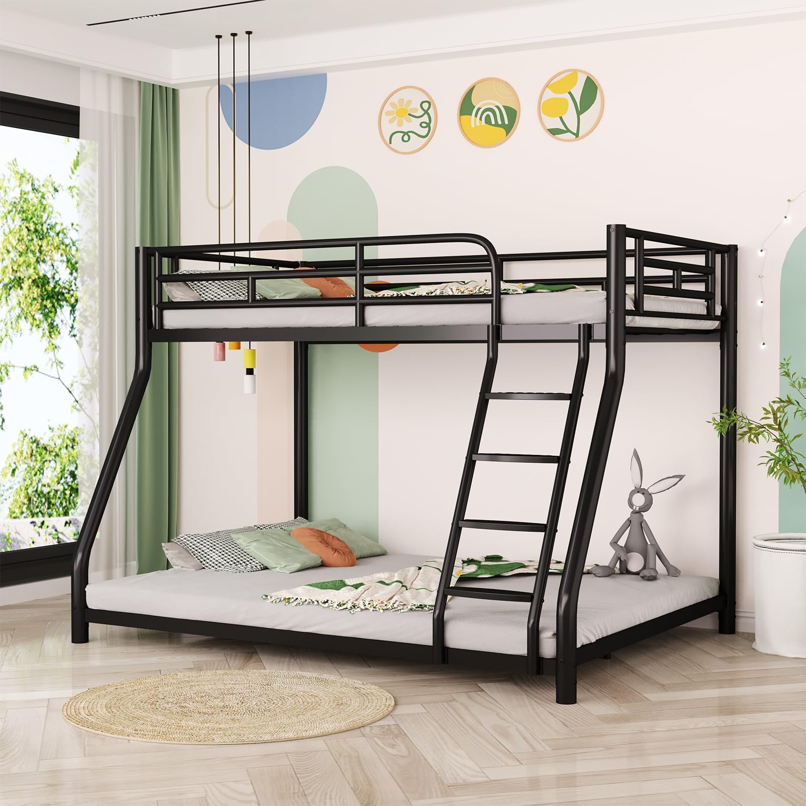 pozdeg Metal Bunk Bed Twin Over Twin, Full Size Bed Frame with Ladder and Full-Length Guardrail, No Box Spring Needed, Noise Free for Apartment,