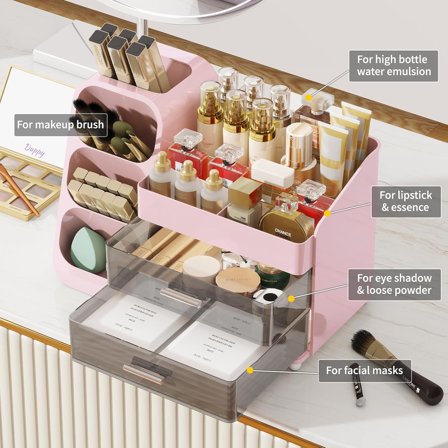 Makeup Organizer with Drawers for Vanity, Make Up Storage Kit, Spacious Cosmetic Display Case, Perfect Storage Solution for Beauty Essentials (Pink)