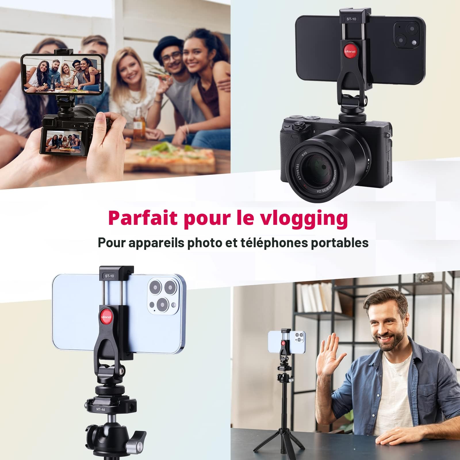 ULANZI Adaptateur Trépied Smartphone, ST-10 Phone Adapter en d'Aluminium avec 2 Sabots Froids, Rotation 360º, Support Téléphone pour iPhone, Galaxy, Huawei, Xiaomi et Appareil Photo