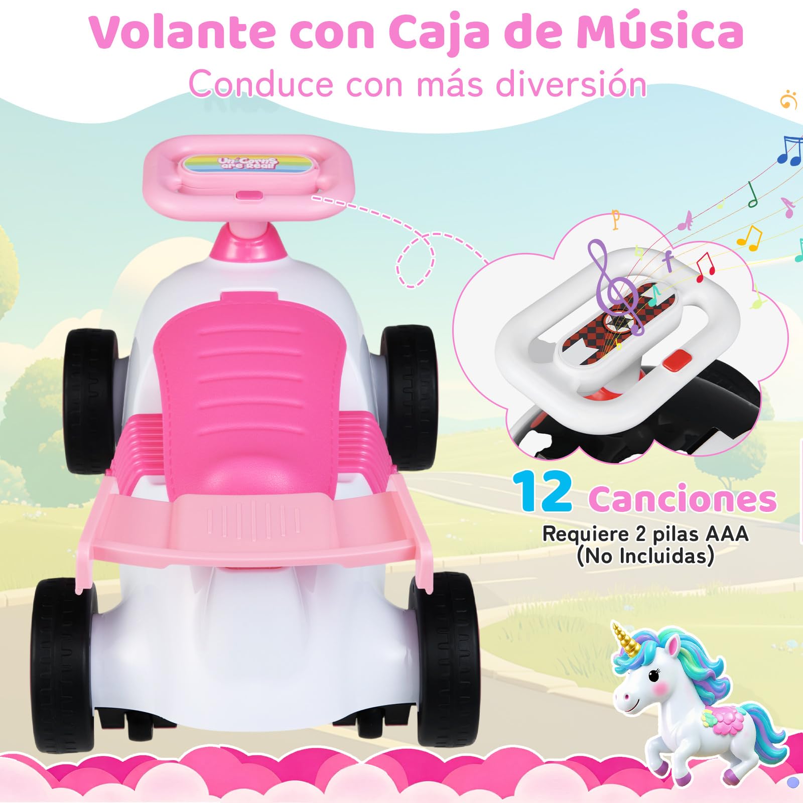 COSTWAY Coche de Correpasillos para Niños, Coche Deslizante de Pie a Suelo con Música y Almacenaje Bajo Asiento, Cochecito Infantil con Ruedas Universales para Niños de 19 a 36 Meses (Unicornio)