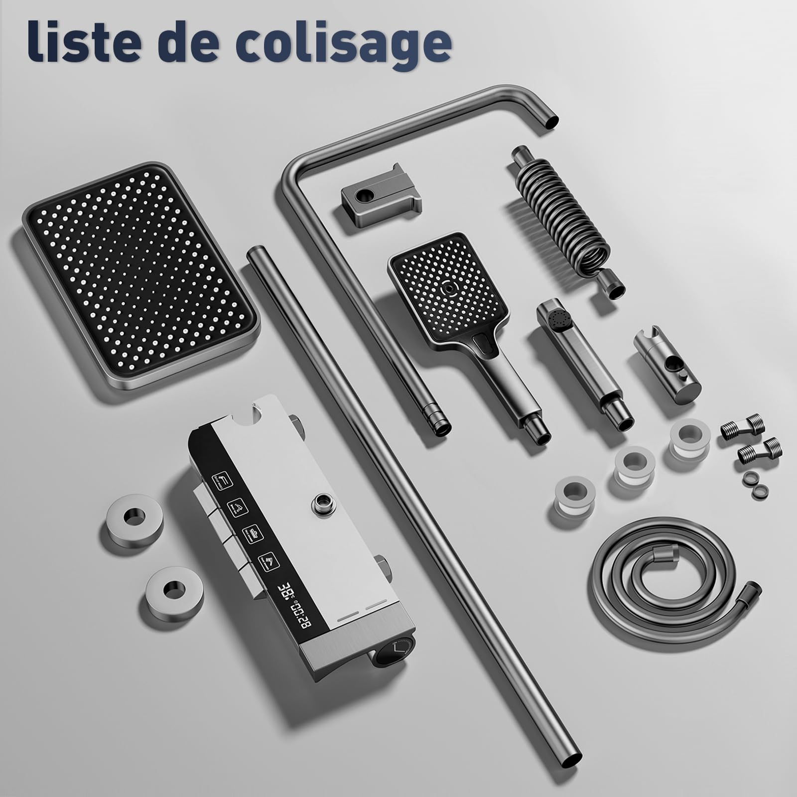 Colonne de Douche Thermostatique avec Affichage Numérique LED, Système de Douche à Effet Pluie avec Douchette à Main et Robinet en Cascade, Hauteur Réglable (Gris)
