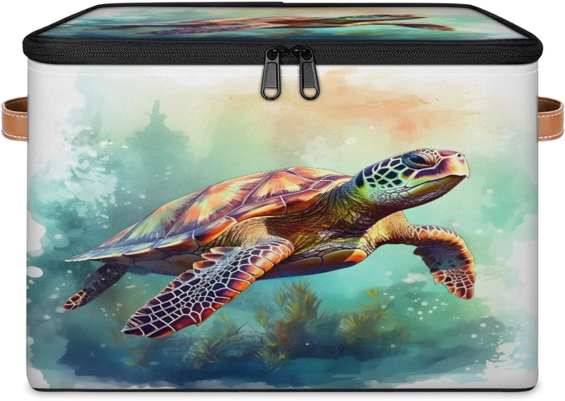 Storage Bin Set of 2 Watercolor Turtle Storage Basket with Zipper Lid & Handle Foldable Closet Shelf 2 Pack Cloth Organizer Basket Cube Bins Clothes Organizer for Nursery, Bedroom