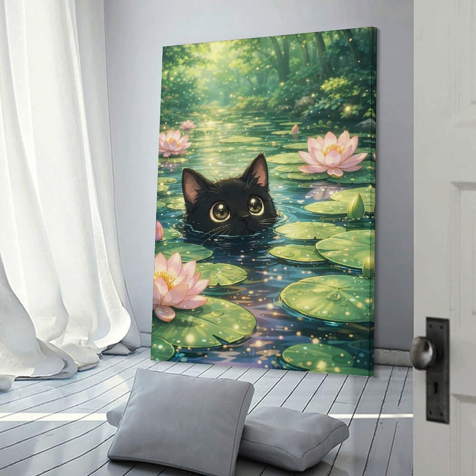 Junmoney Frame-Style-11 Cute Black Cat In A Lily Pond Home Decor Wall Art, 20X30inch(50X75cm), For Lounge, Bedroom Or Personal Spaces, Gift Idea For Housewarming And Birthdays